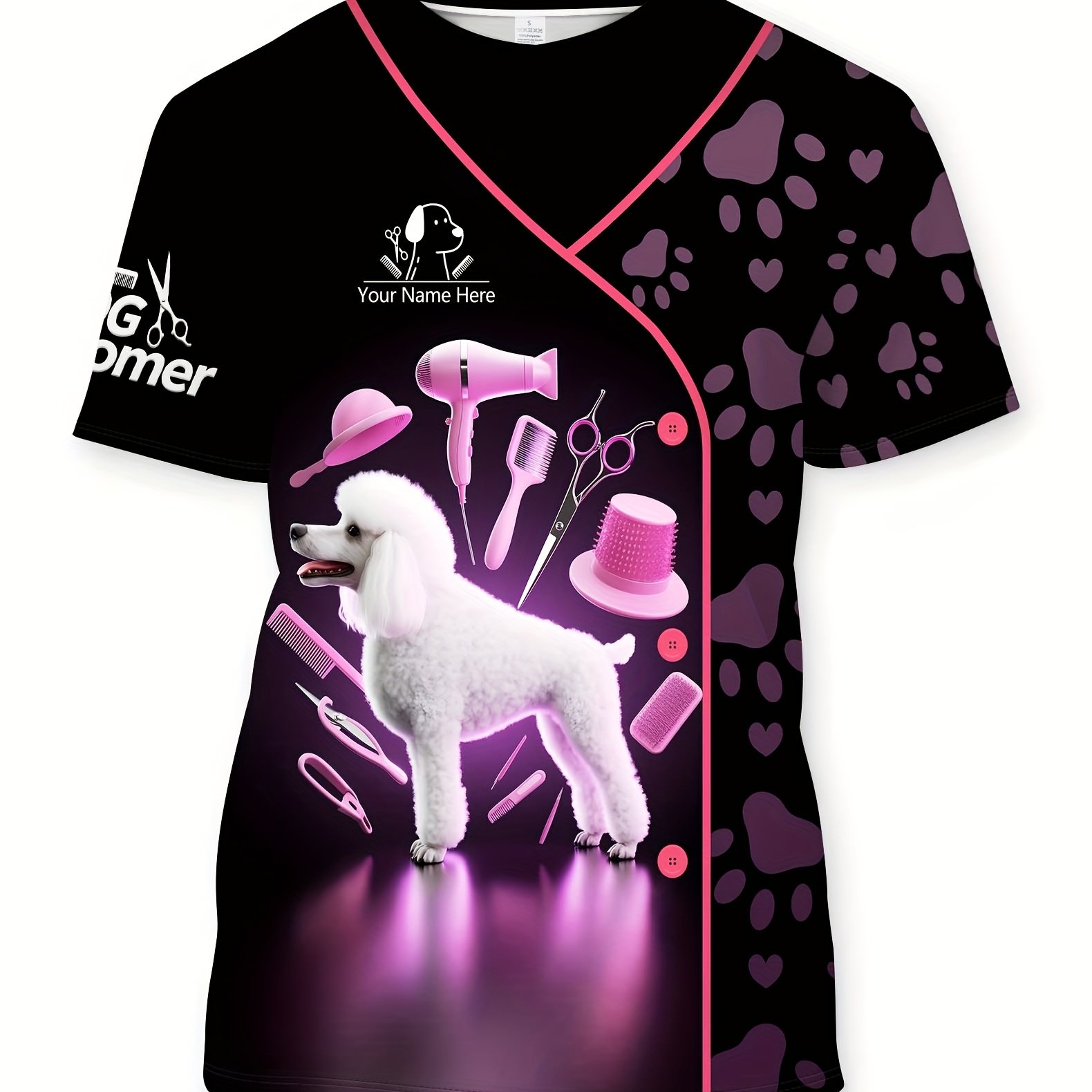 TEMU T-shirt à manches courtes et col ras du cou avec nom personnalisé imprimé, T-shirt à imprimé chiot, Style confortable toutes , Uniforme de