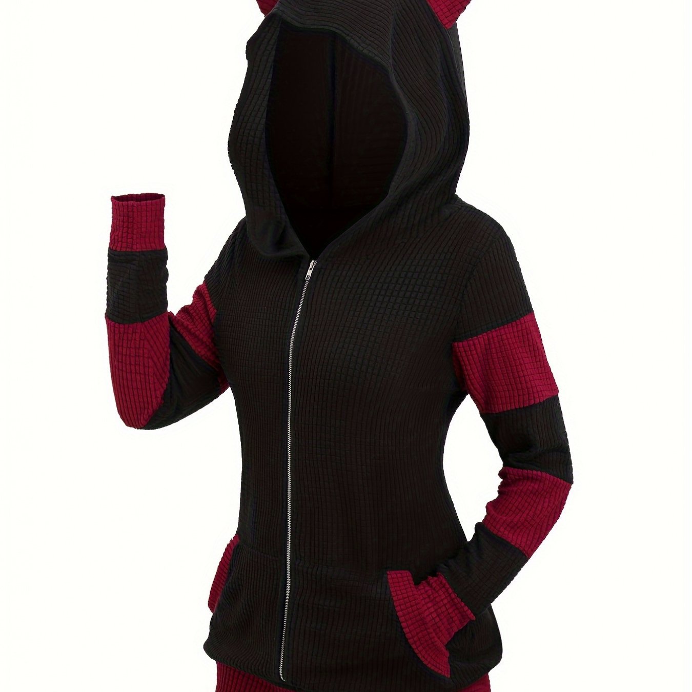 TEMU Zip-up Cat Hoodie Sweatshirt, Casual Long Waffle Slim For Fall & , Women's Clothing