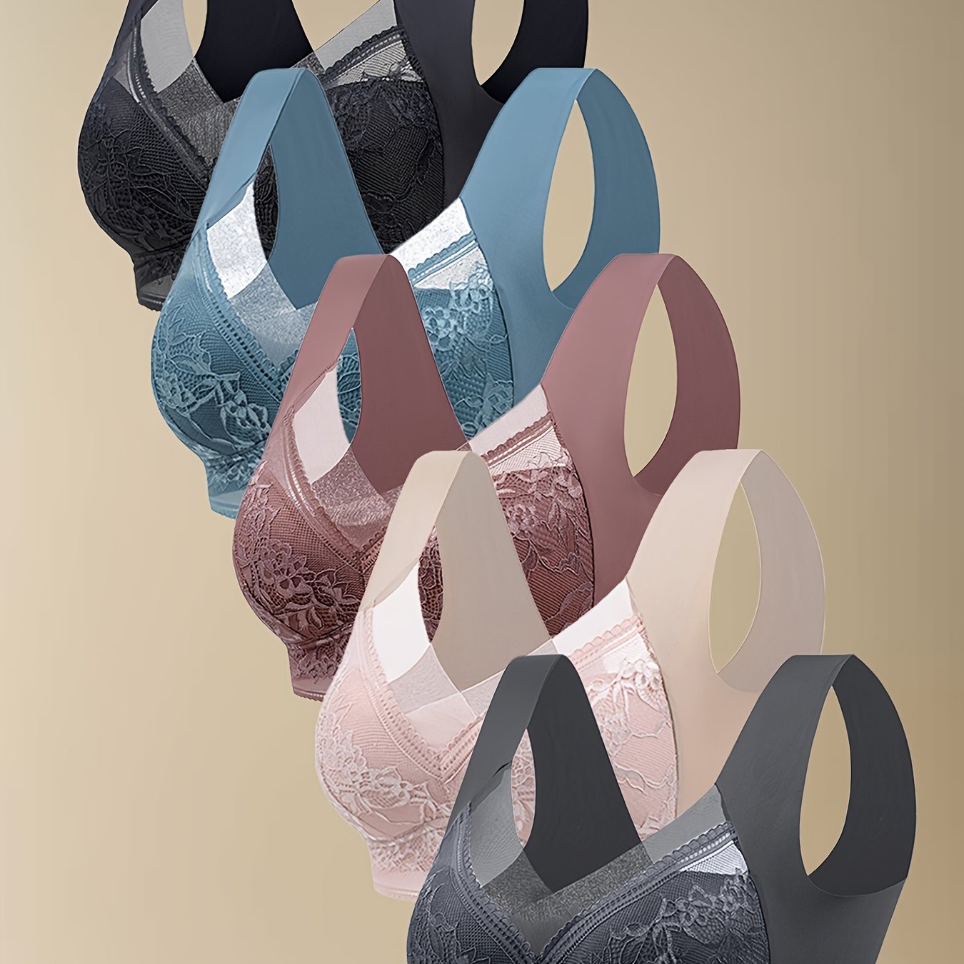 Image of 5 Women' Bras, Deep V Wireless U-shaped Beautiful Back Bra, Lace Trim Comfortable And Invisible Gathered Bra, One-piece Bra