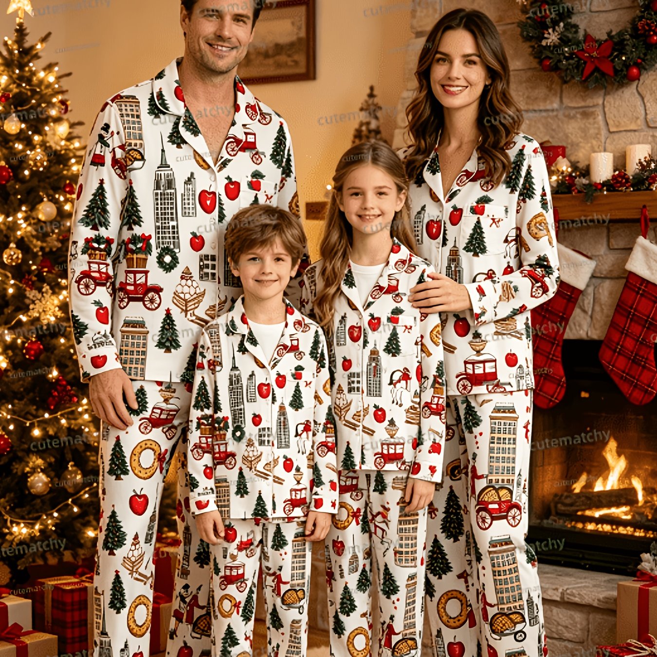 Image of Christmas Tree And Print Matching Family Set, Lapel Button Long Sleeve Top & Elastic Waist Wide Leg Pants, Coordinated Outfit For Holiday Group Photos, Perfect For Outdoor