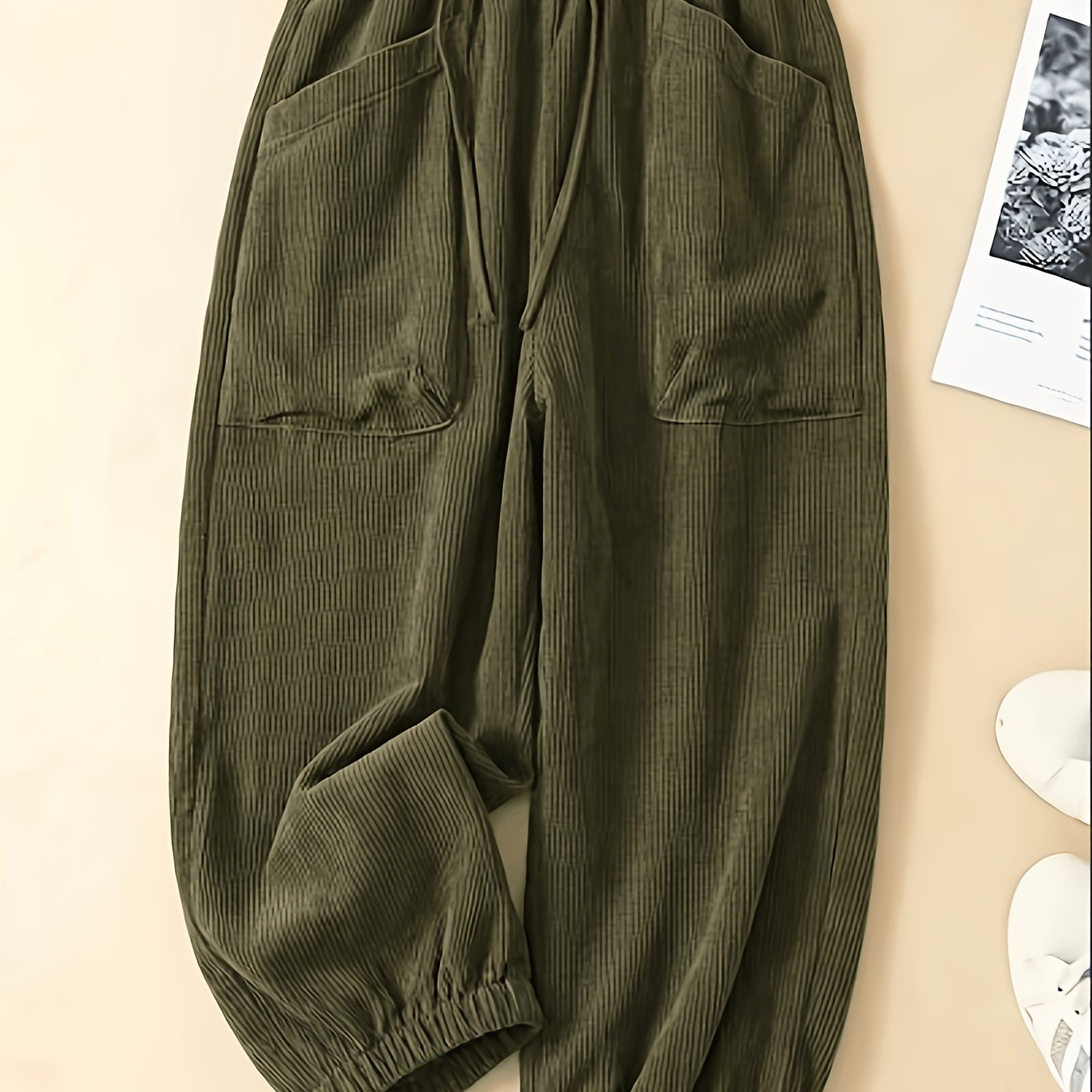TEMU Plus Women's Spring Summer Autumn Winter Street Style Casual Retro Corduroy Texture Loose Harem Pants Or Lantern Pants Style, Elastic Waist With
