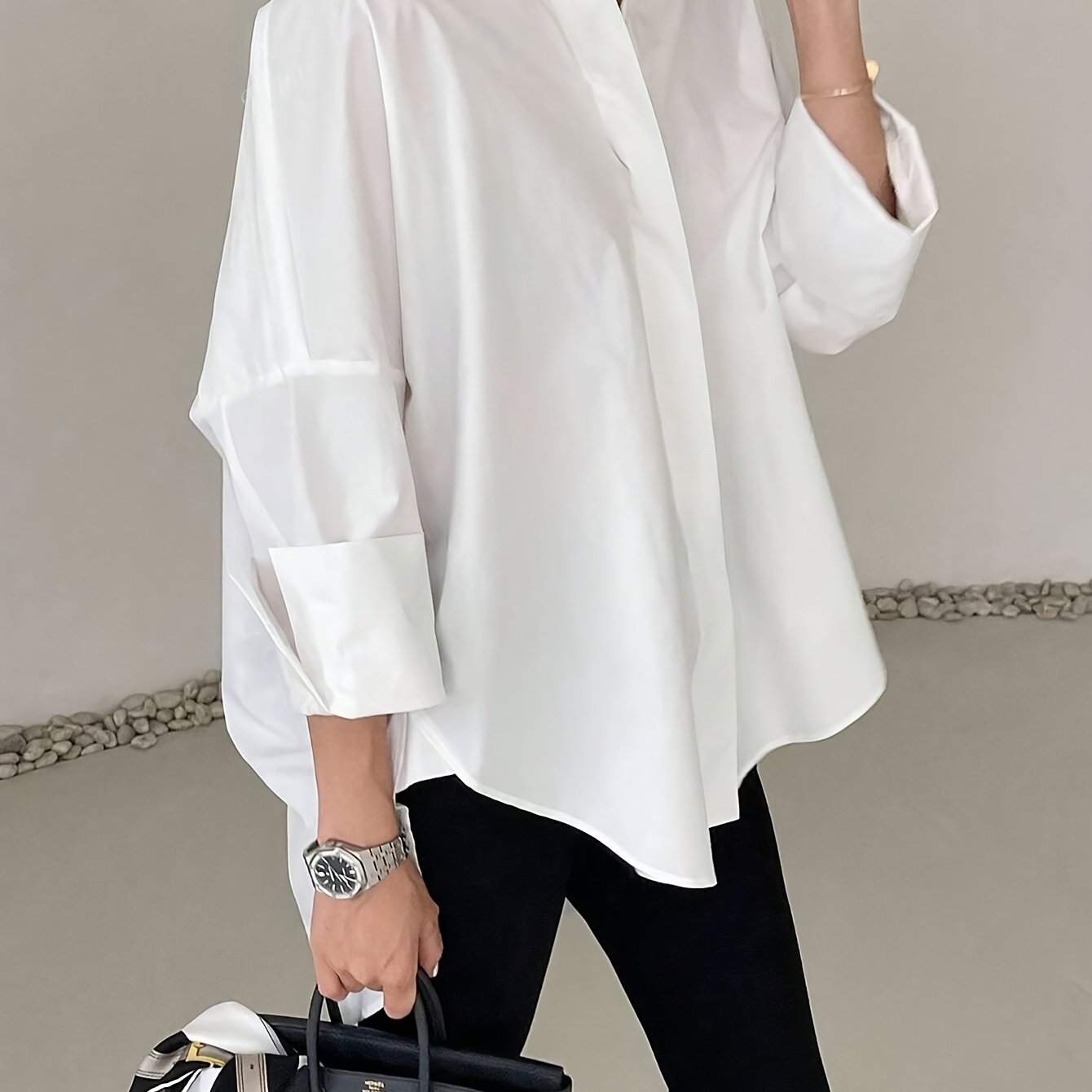 TEMU Women's Elegant Long White Shirt With A Collar And Rolled Sleeves, New For Autumn 2025