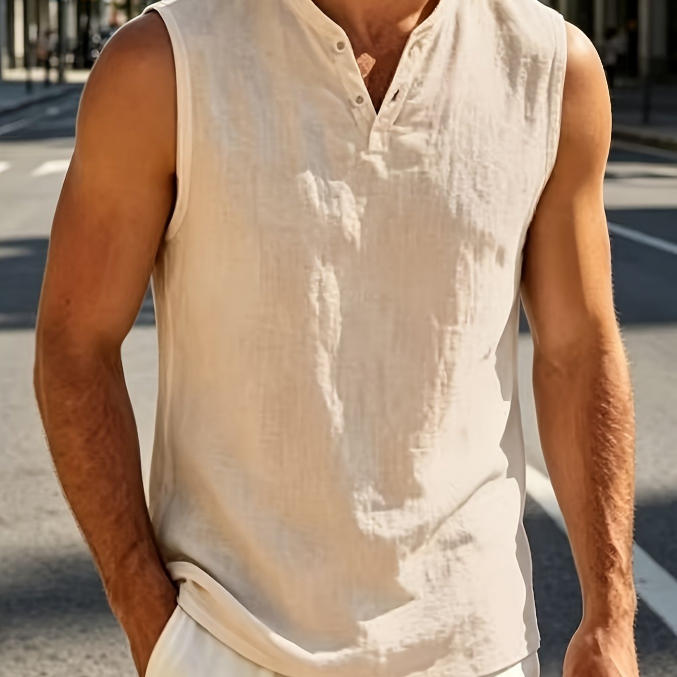 TEMU Men' Color Sleeveless Linen Vest, Summer Casual Loose Fit Breathable V-neck Top, Style