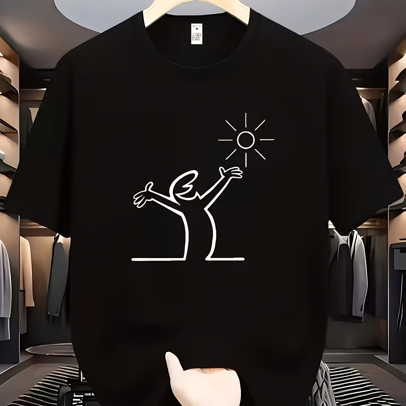 TEMU Hand-drawn Hugging Sun T-shirt - Minimalist Line Art Crew Neck Short Sleeve, Breathable Loose Fit Casual Summer Top Suitable For Daily Wear, &