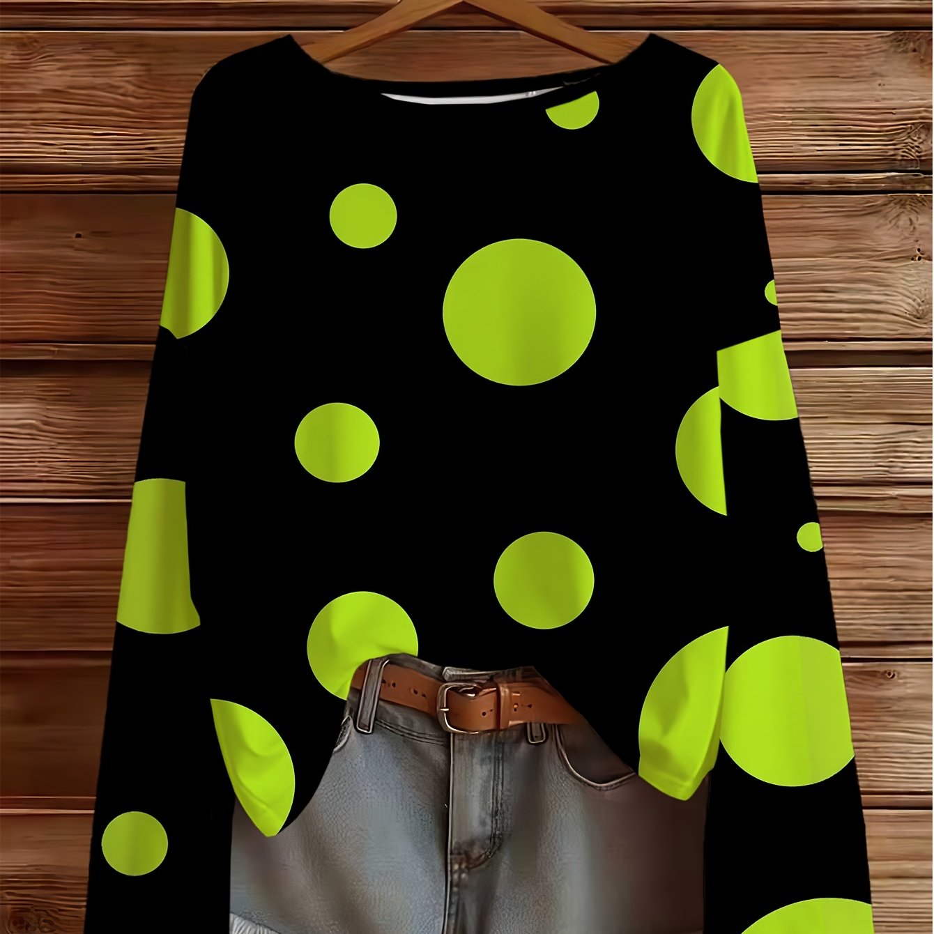 TEMU Plus Size, Women's Plus Size Green Polka Dot T-shirt - Crew Neck Long Sleeve -compatible Base Layer Top, Machine Washable Suitable For , Daily