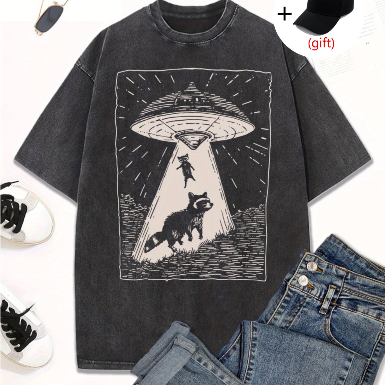 Image of T-shirt Featuring A Design Of An Spaceship With Animals, Designed For Casual Wear With Neck And Short Sleeves. Machine Washable, Making It A Great Gift For Couples, Versatile And Comfortable.