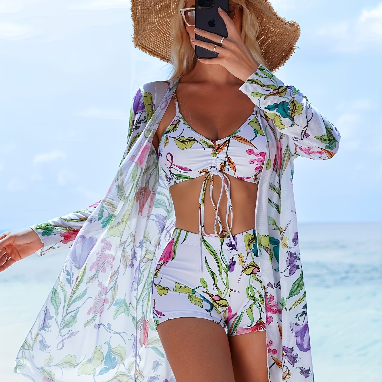Image of Women's Plus Size Tie-front Bikini Boyshorts Cardigan Swimsuit Cover-up Bikini Cover-up 3pcs Set