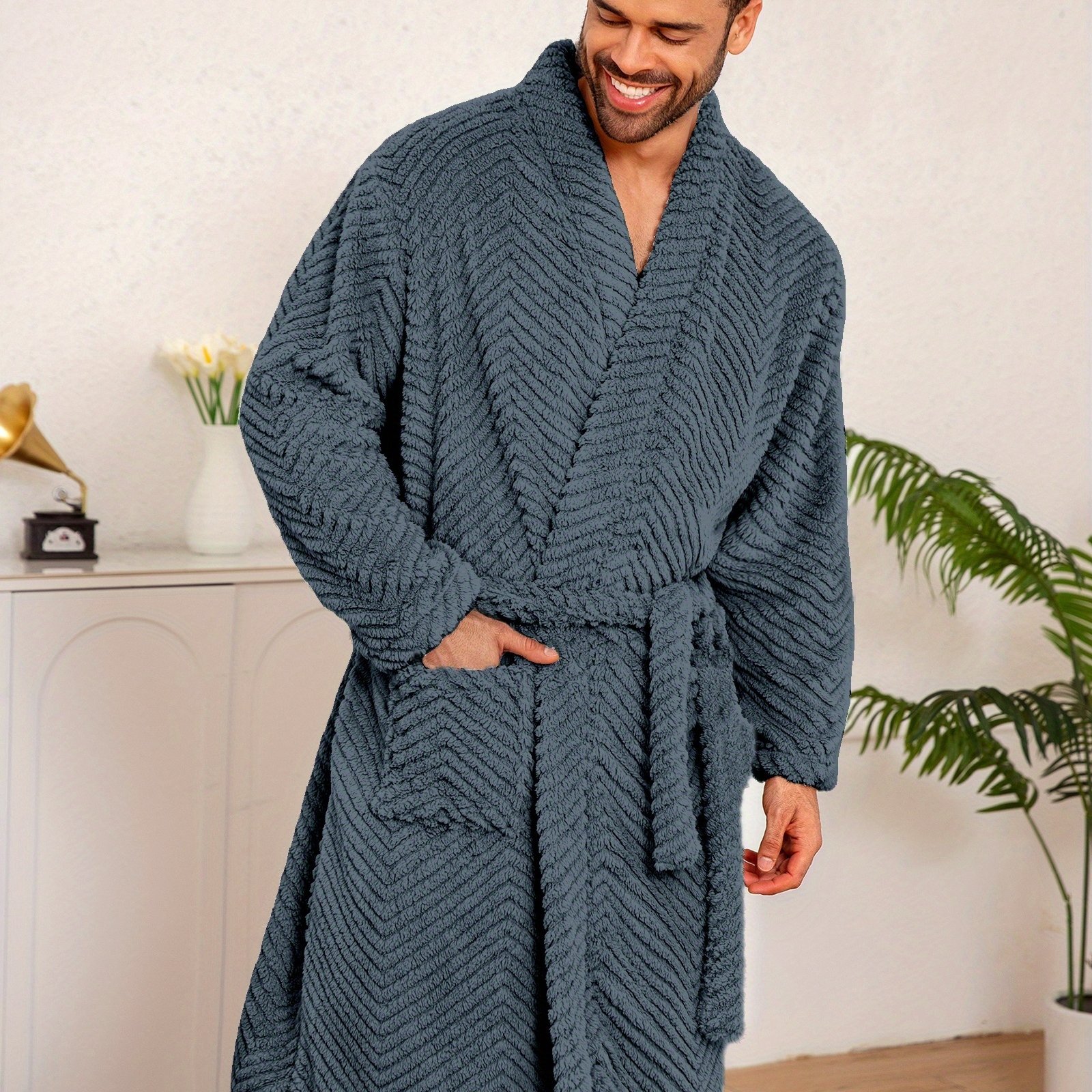 Image of Fall Winter Men's Casual Easy Plus Size Fleece Comfortable Coral Fleece Robe, Thickened Warm Flannel Long Sleeve Long Pants Bathrobe, Autumn, Loose Fit, Daily