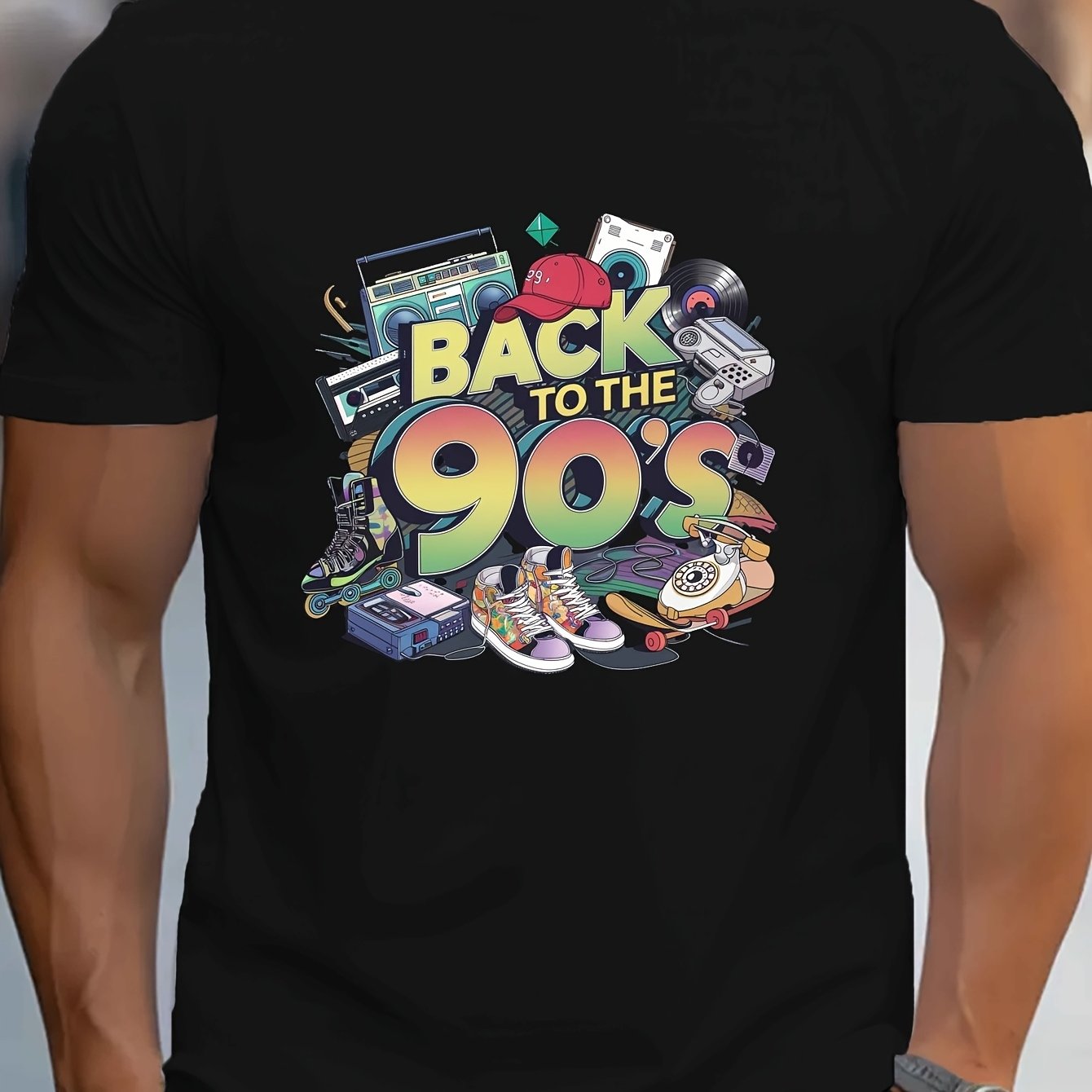 Men's Retro 90s Graphic T-shirt - Slim Fit 100% Vintage 90s Nostalgia Tee With Cassette, Boombox, Sneaker & Back To The 90' - Machine Washable Round Neck Casual Shirt For , 90s