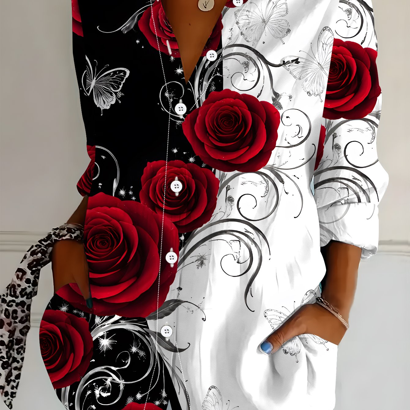 TEMU Plus Size, Plus Size Women's Long Sleeve Shirt, Rose Print Loose Fit Printed Blouse, , Midi-length Long Sleeve Lapel Shirt, Black And Red Color