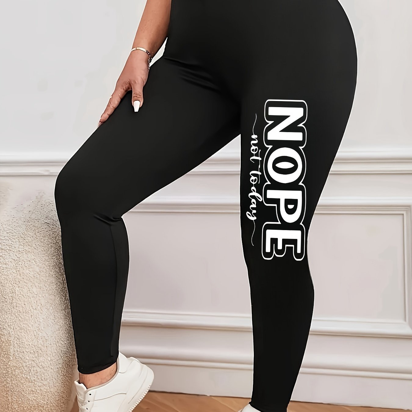 TEMU Plus Size, Plus Size Casual Pants, Women's Letter Print Elastic High-waisted Slightly Stretchy Leggings