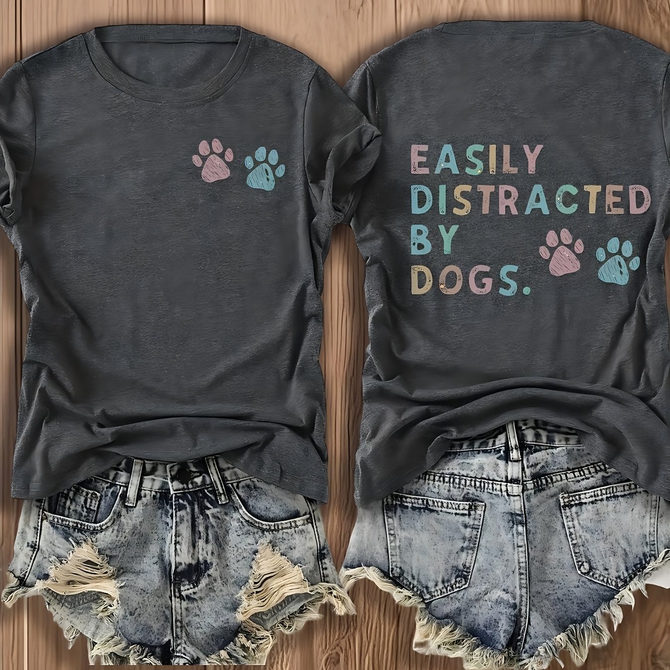 TEMU Double-sided - " By Dogs" Slogan With Paw Print Design, Short-sleeved Round-neck Casual Summer Pet Owner Tee, Cute Puppy And Bone
