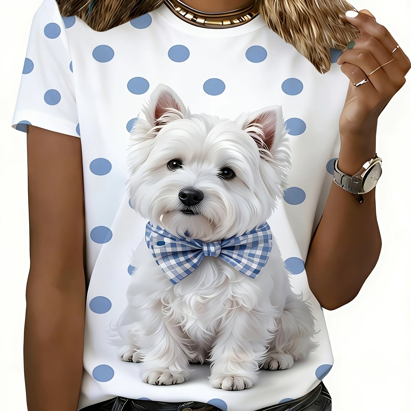 TEMU Printed Design - Not Textured Women's Casual Short-sleeve T-shirt, Polka Dot West Highland Terrier Puppy With Bow Tie Print, Fresh, Soft, And