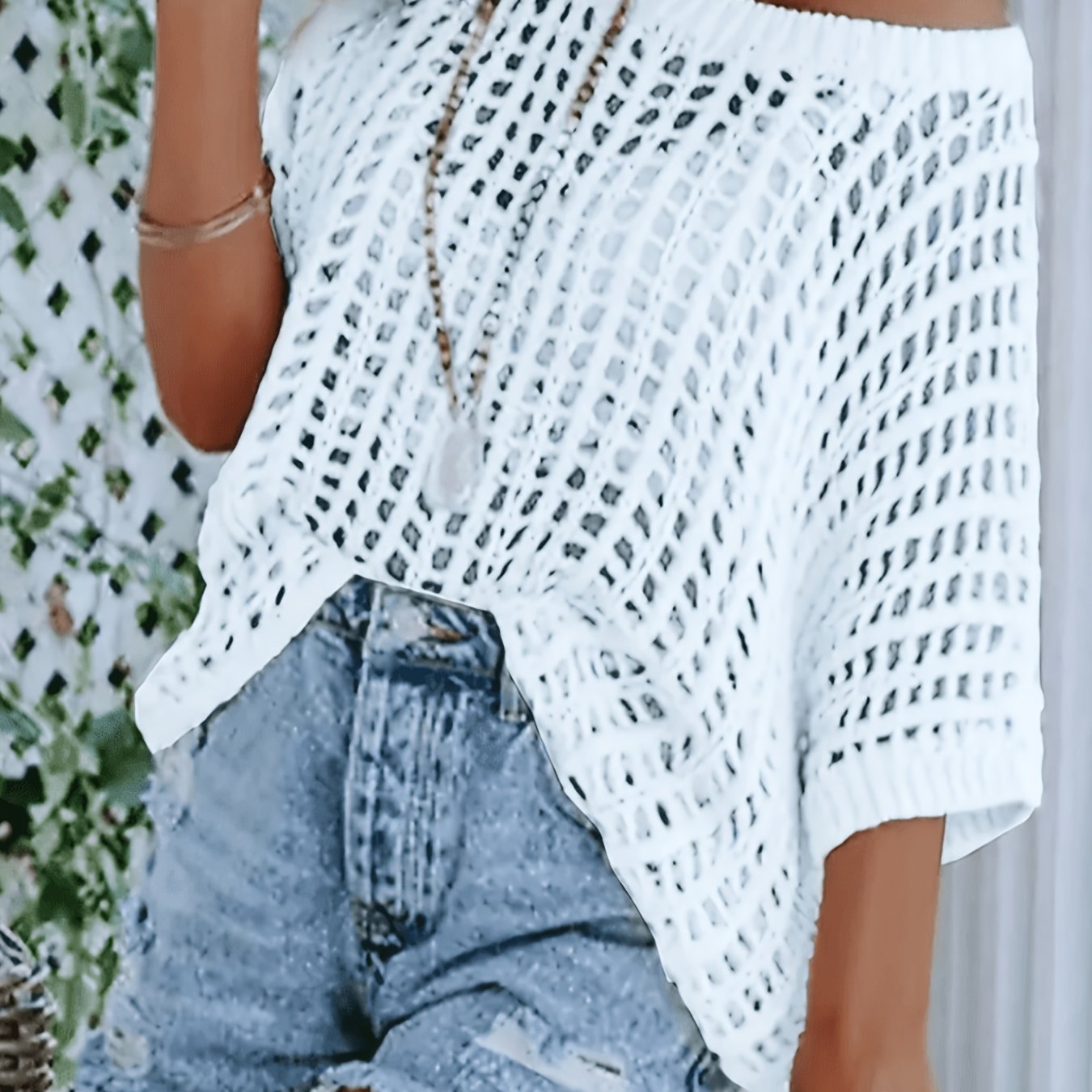 Hollow Out Off-shoulder Cover-up, Loose Short Sleeve Beach Outerwear, Bikini Swimsuit Pullover Top