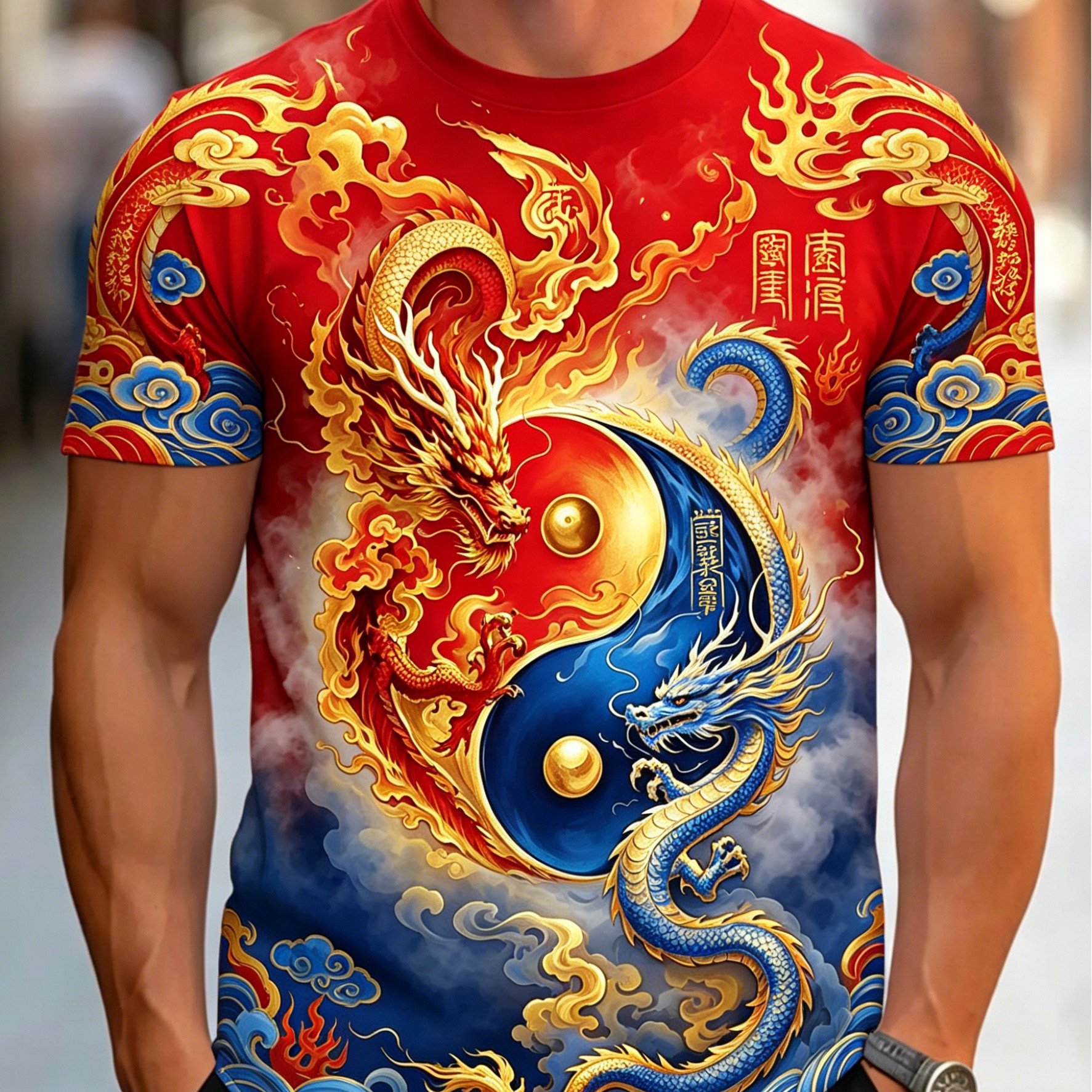 TEMU Yin-yang Dragon Print T-shirt - Red Golden & Blue Tai Chi Martial Arts Tee Suitable For Casual Wear,, Training - Machine Washable Round Neck