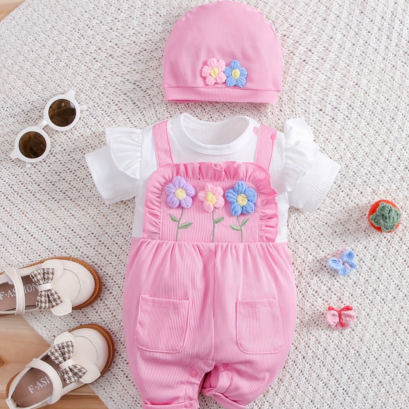 Image of Newborn Baby Girl Summer Pastoral Style 3d Flower Strap 2-in-1 Look Short Sleeve Romper + Hat 2pcs Set, Perfect For Outdoor
