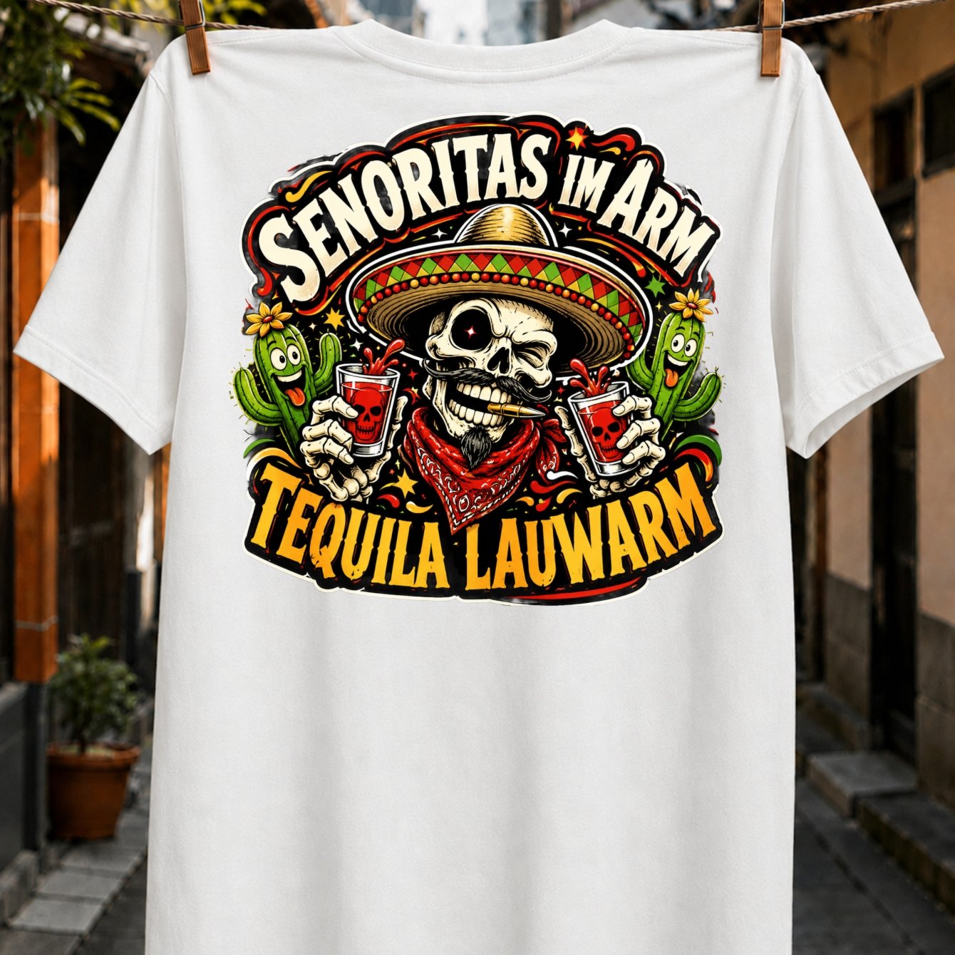 Image of Ladies' Arm Tequila Warm Lettering With Sombrero And Tequila Shots And Smiling Cactus Style Unisex T-shirt