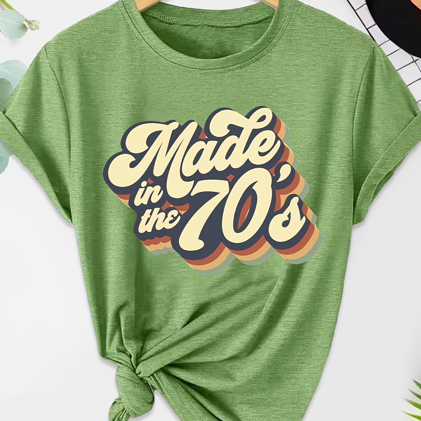 TEMU Retro 70s Style Made In The Printed Women's T-shirt, Casual Top, Round Neck Short Sleeve, Machine Washable Fabric Suitable For Spring Summer