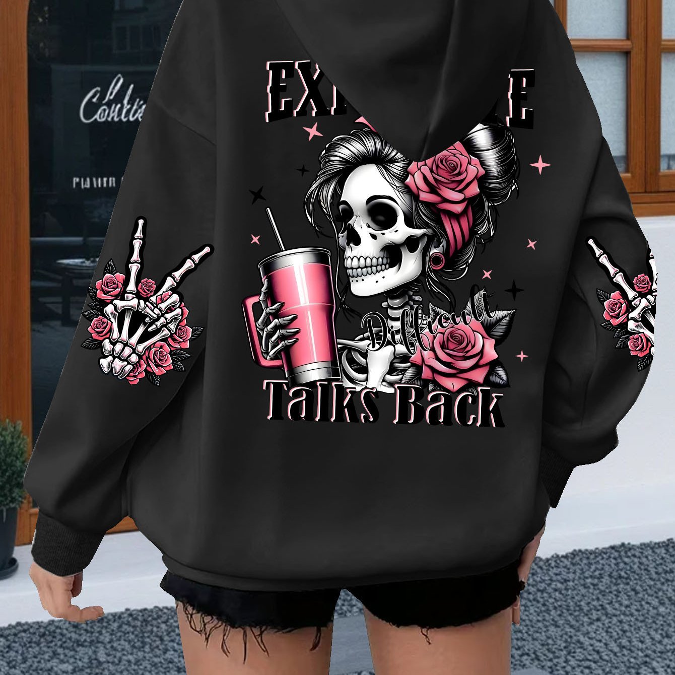 TEMU Plus Size - Plus-size Hoodie With Skull Letter Print, Casual Drawstring Long Sleeve Sweatshirt With Kangaroo Pocket, Women's Plus-size Clothing.