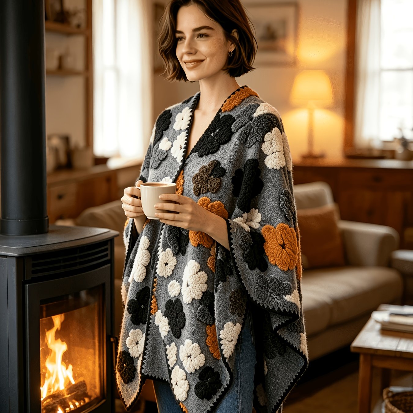 TEMU Châle-cardigan cape pour femme, style bohème, à col en V, à franges et à floraux