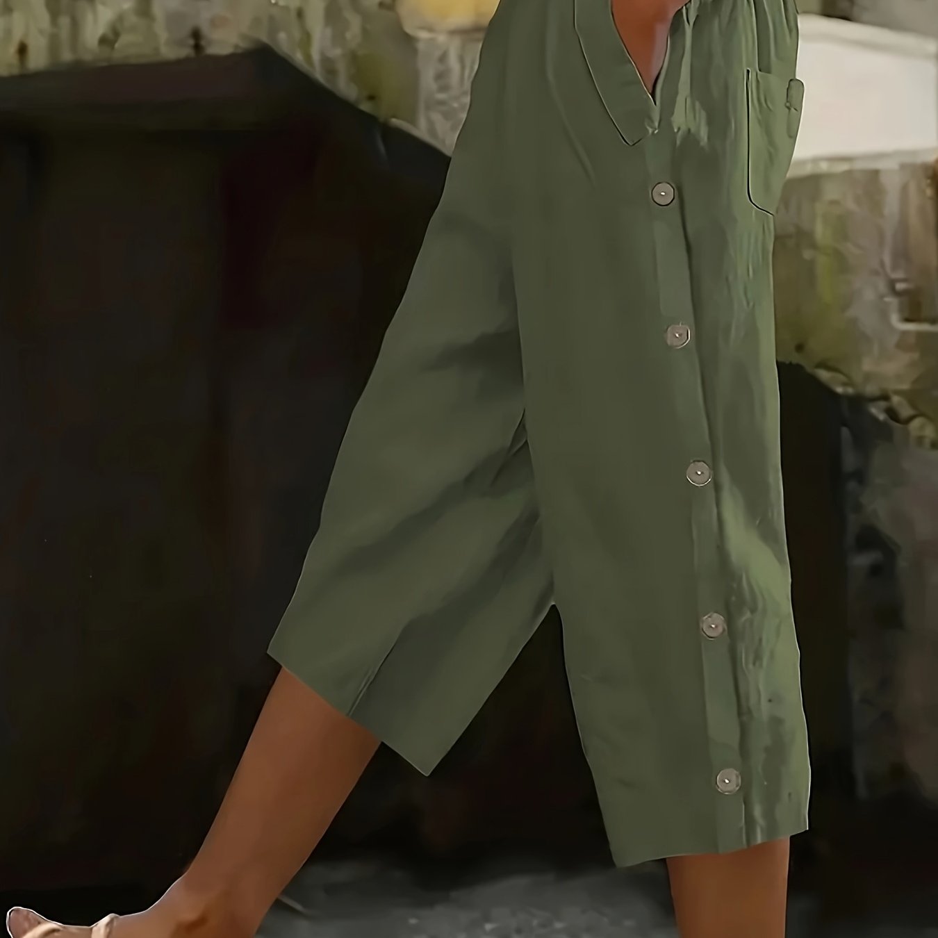 TEMU Versatile Button Decoration Comfortable Elastic Waist Pocket Casual Capri Pants