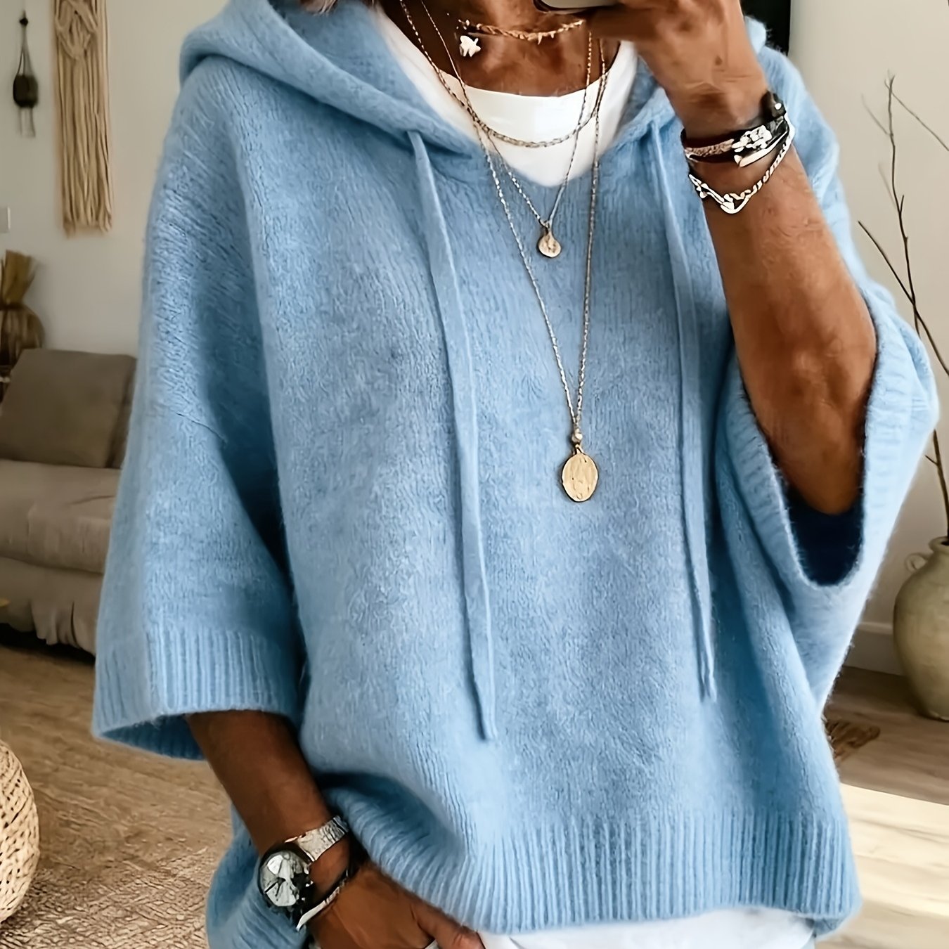 TEMU Women's Casual Hooded Drawstring Top Loose Off-shoulder Wide 3/4 Sleeve Soft Sweatshirt Oversized Body-covering Batwing Sleeve Pullover Ribbed