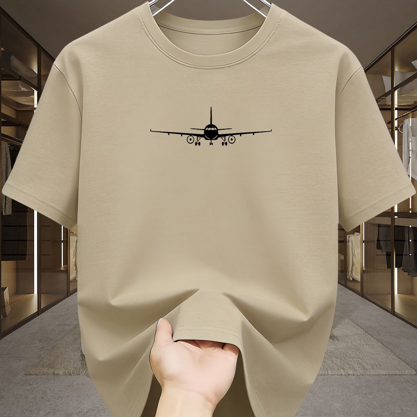 TEMU Minimalist Light , Line Art Airplane Print, Mature Business Casual Men' / Light Business Occasion Wear Men's T-shirt, Fashionable Casual