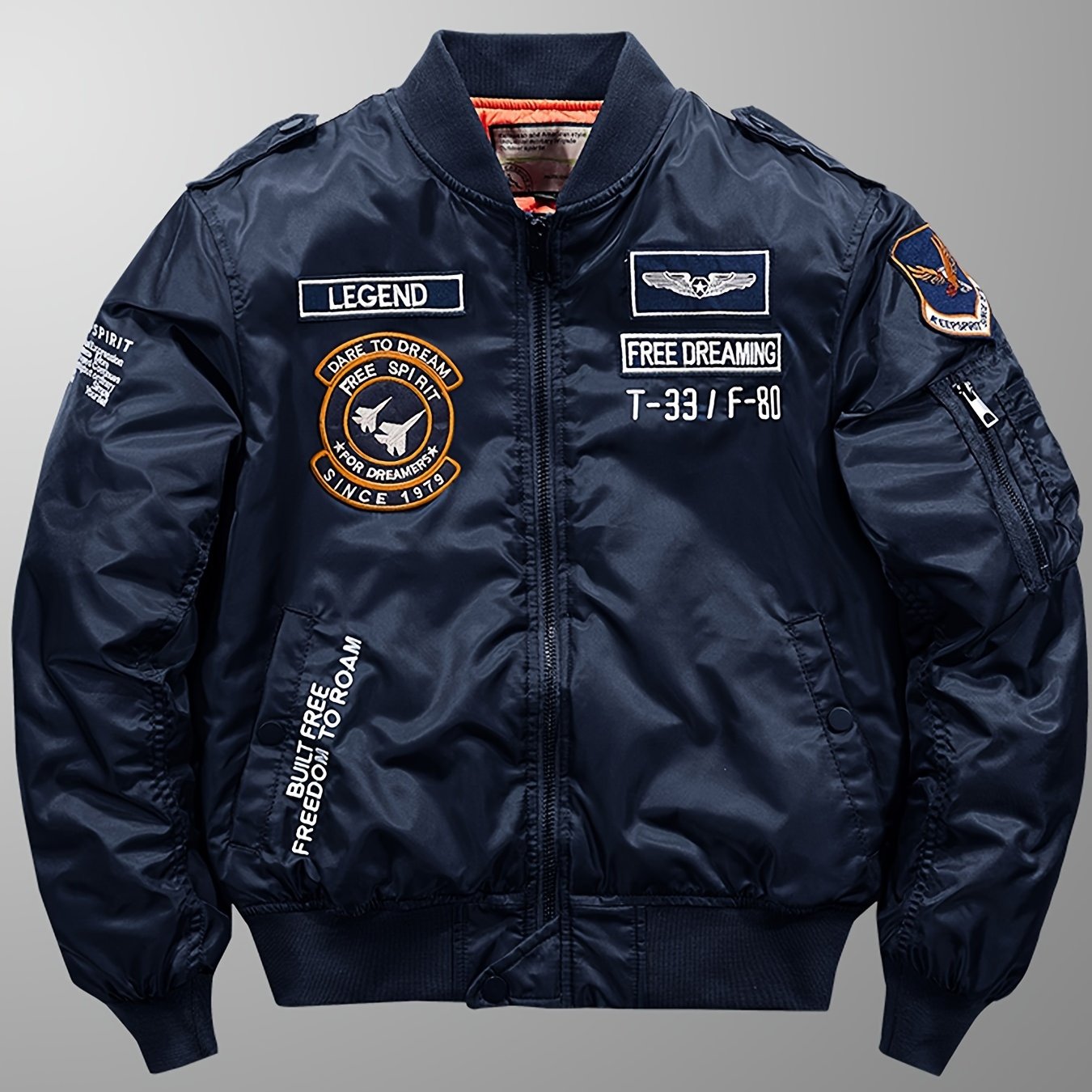 TEMU Men's Casual Pilot Jacket - Embroidered Nylon Pilot Jacket With Stand Collar And Zipper Closure, Suitable For , Fashionable Casual Loose Fit,