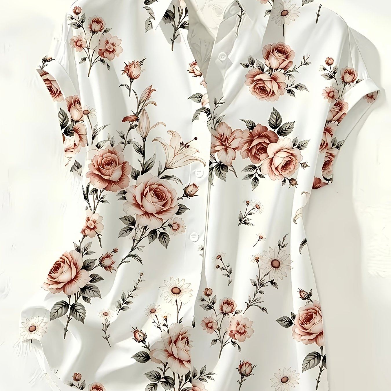 TEMU Fashion Floral Single--shoulder Short Sleeve Shirt, Elegant Casual Women's Top, Suitable For Office Commute And Daily Wear, Floral Print,