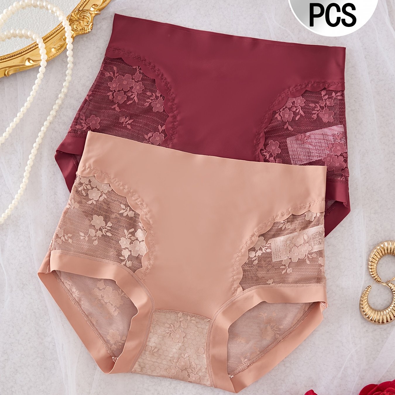 TEMU 2pcs High-waist Tummy 's Panties, Lace -lifting Breathable And Comfortable, Sexy Semi-sheer Women's Briefs
