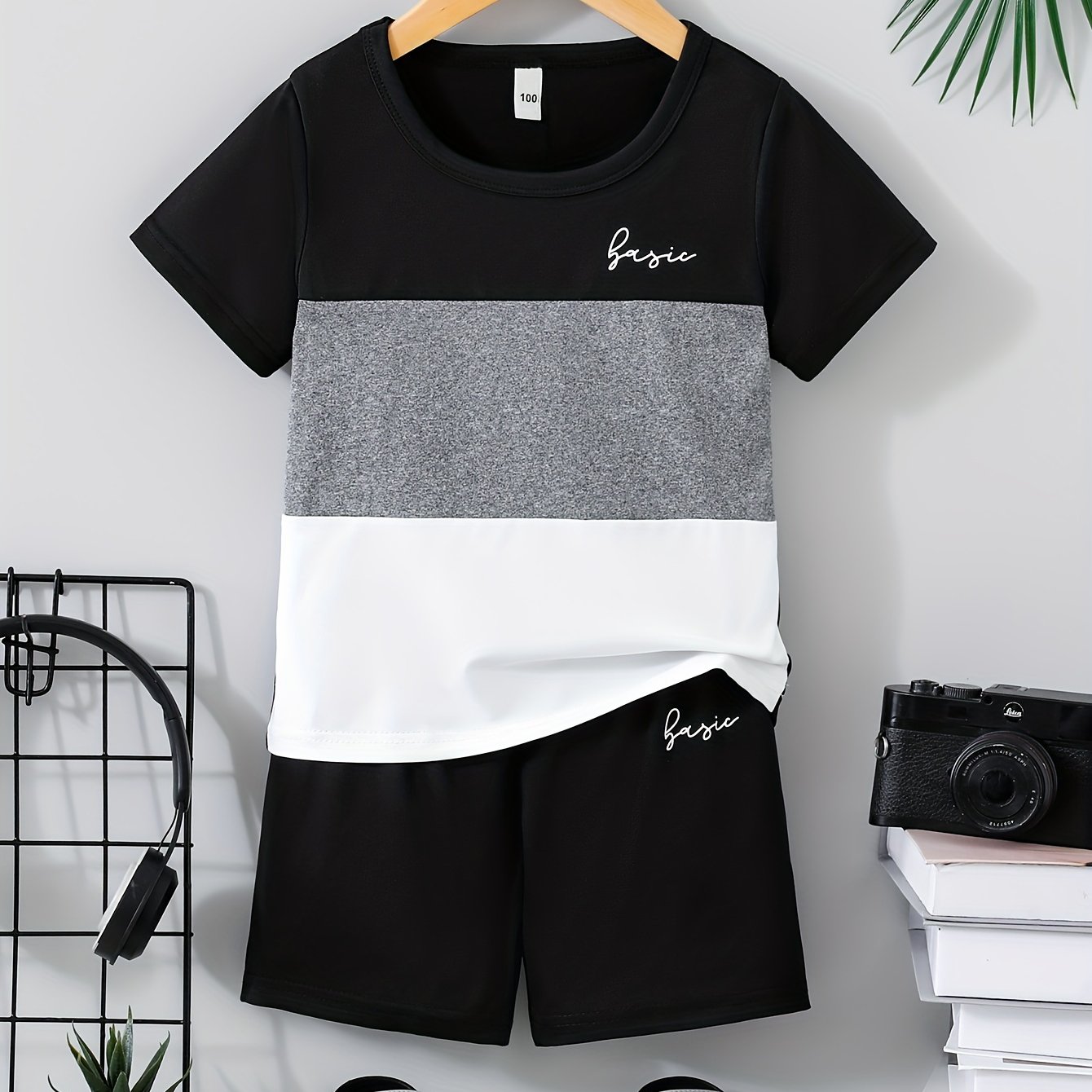 Image of Boys' 2pcs Set Striped Crew Neck Short Sleeve T-shirt & Elastic Waist Shorts Trendy Wear, Perfect For Outdoor
