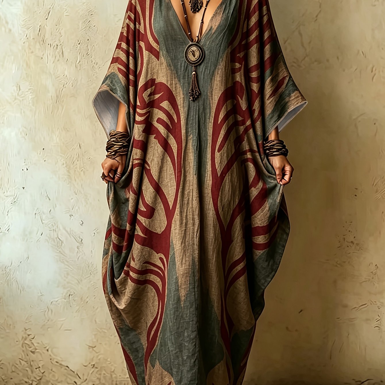 TEMU Robe Caftan Oversize à Imprimé Tribal Vintage , Robe Longue et Photoshoot de Voyage Décontracté