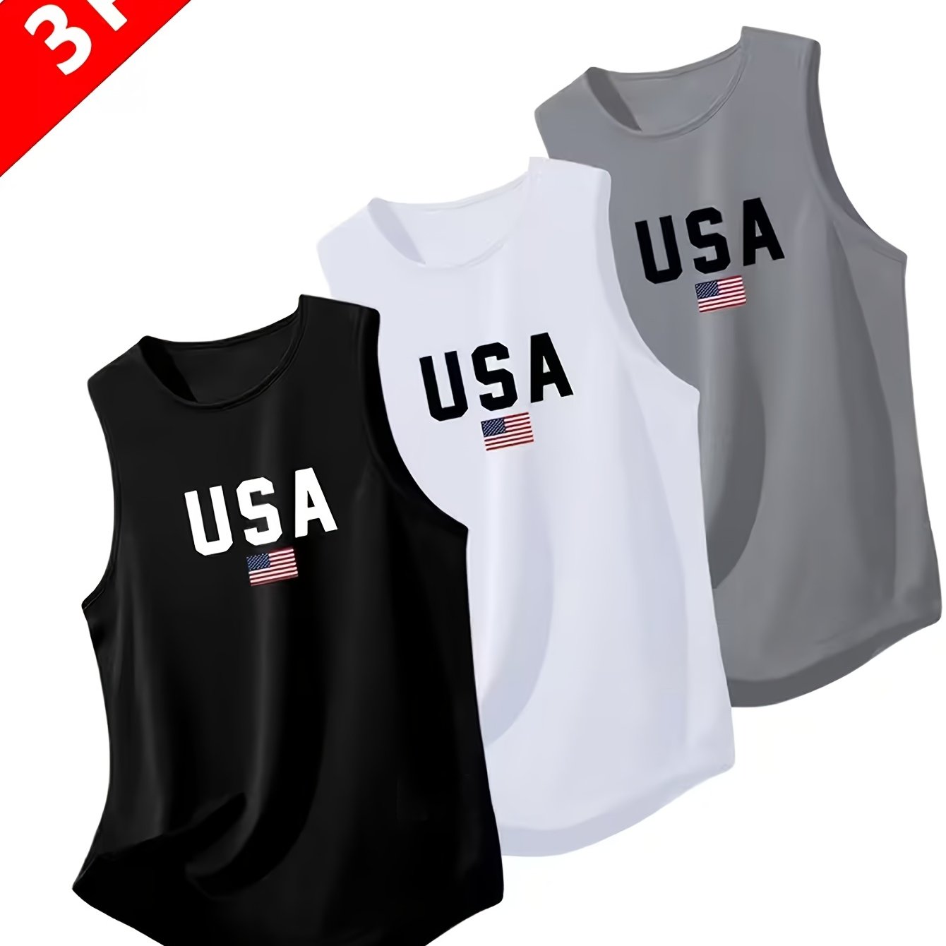 TEMU 3 Summer Men's Quick-dry, Moisture-wicking, Breathable Vests, Sleeveless Tops Suitable For Running And Training, Featuring Usa Letter Prints, In