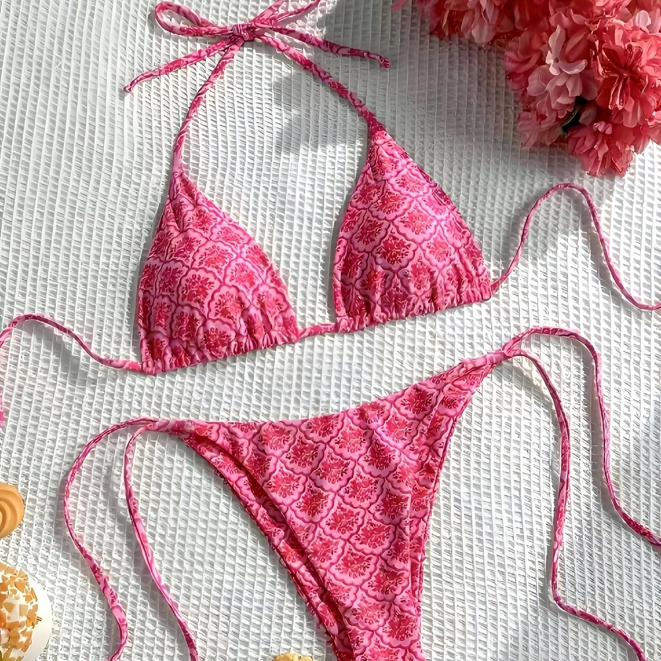 Women's Summer Beach Strap Bikini Set, Full Body Printed, Random Pattern