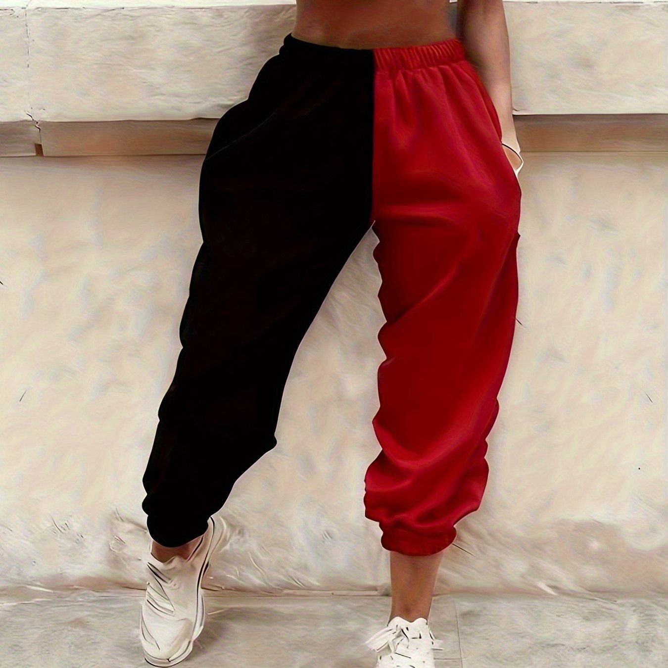E-shop Damen High Waist Jogginghose, Baggy Zweifarbige Colorblock-Hose, Lässige Sweatpants für Alltagsoutfits Ganzjahres, Jogginghose