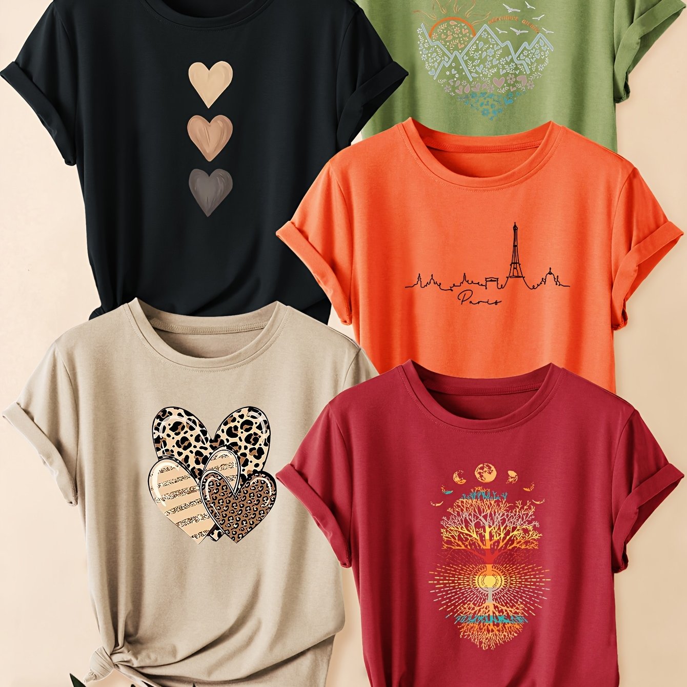 TEMU Zussen set van 5 stuks: Luipaardprint, hart en kleurrijke boomwortelprint, modieus en elegant vintage stijl, dames casual sportief comfortabel