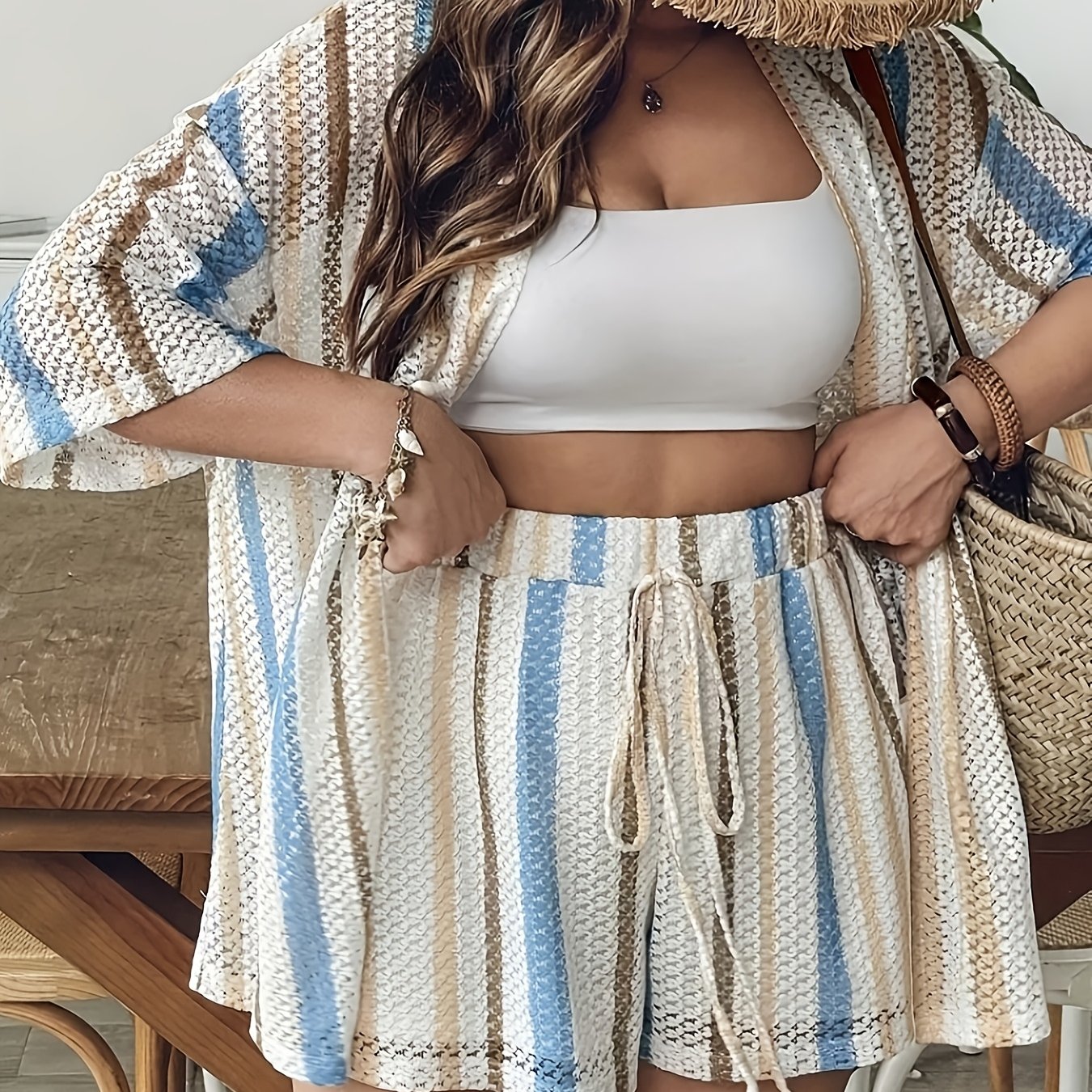 Plus Size - Plus Size - Size Women's Blue And White Striped Top And Shorts Set | Casual Summer Holiday Pool Party Outfit With Rainbow Stripe Pattern And Fake Drawstring Detail