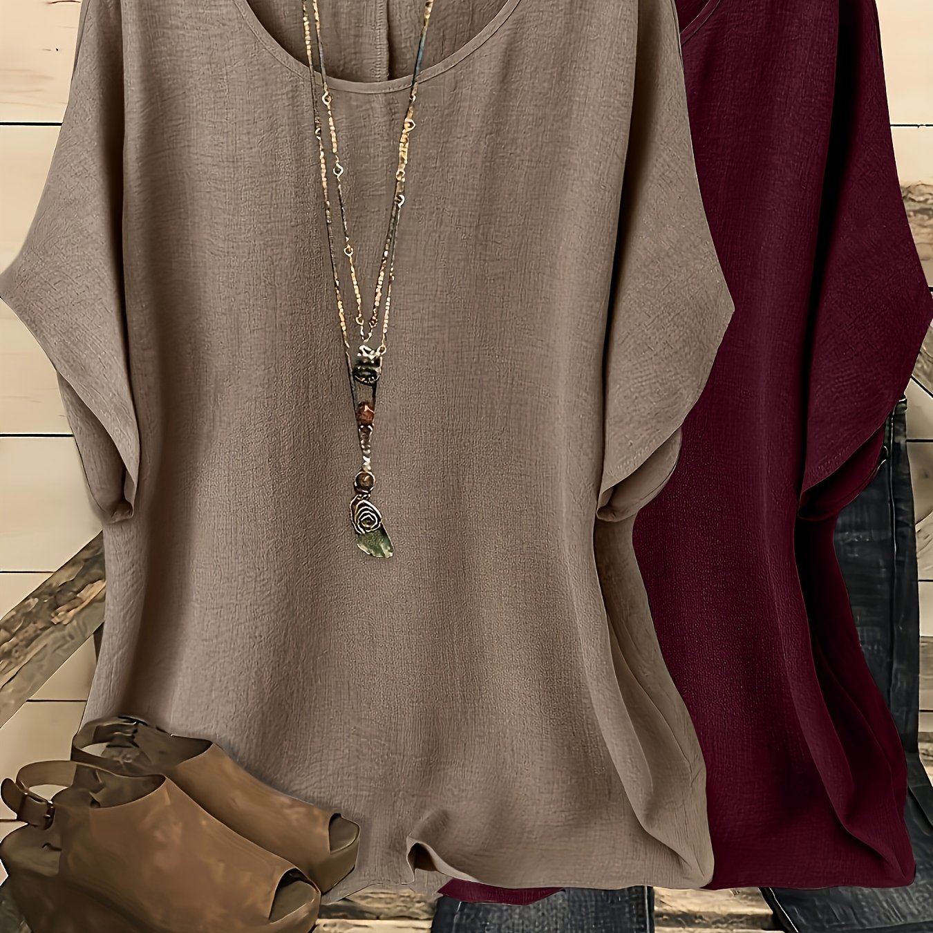 TEMU 2pcs, Women's Casual Vacation Solid Color Round Neck Batwing Sleeve Shirt, No Accessories Included