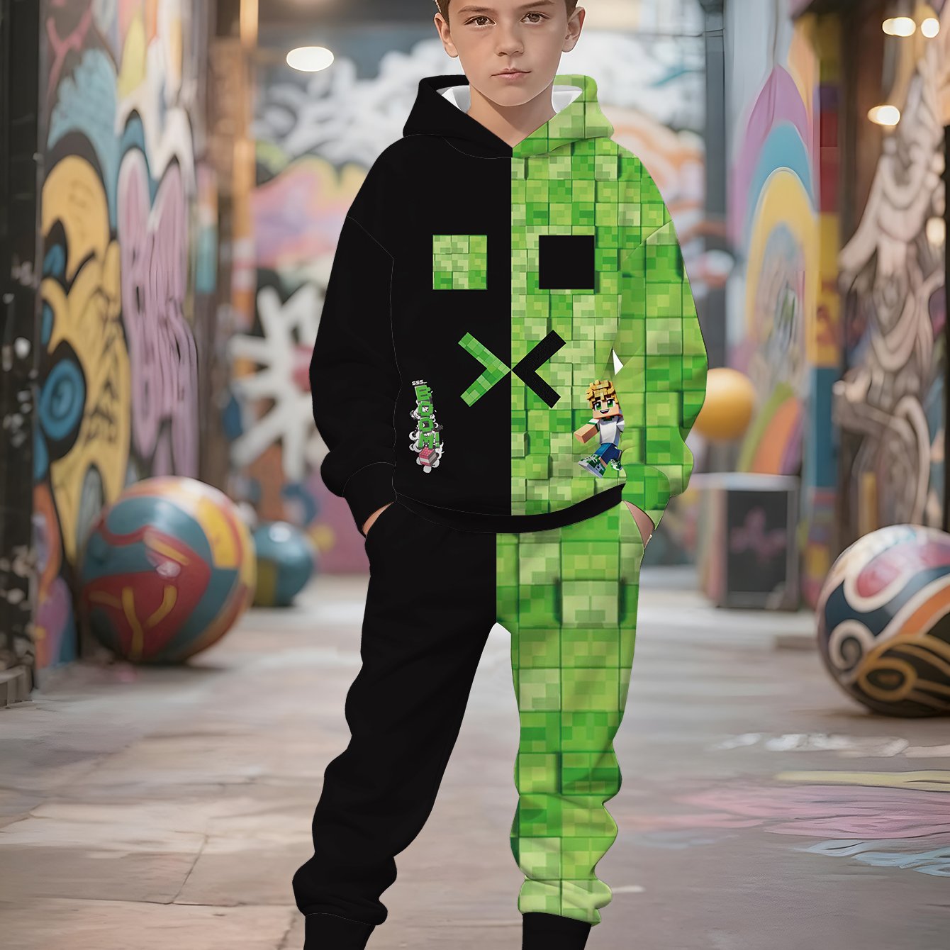 [cool Casual| Digital Printing] Boys' Pixel- Style Creative Print, Trendy Hooded Sweatshirt Set, 3d Full- Print, 95% Polyester 5% Spandex Knitted Fabric, Perfect For Outdoor