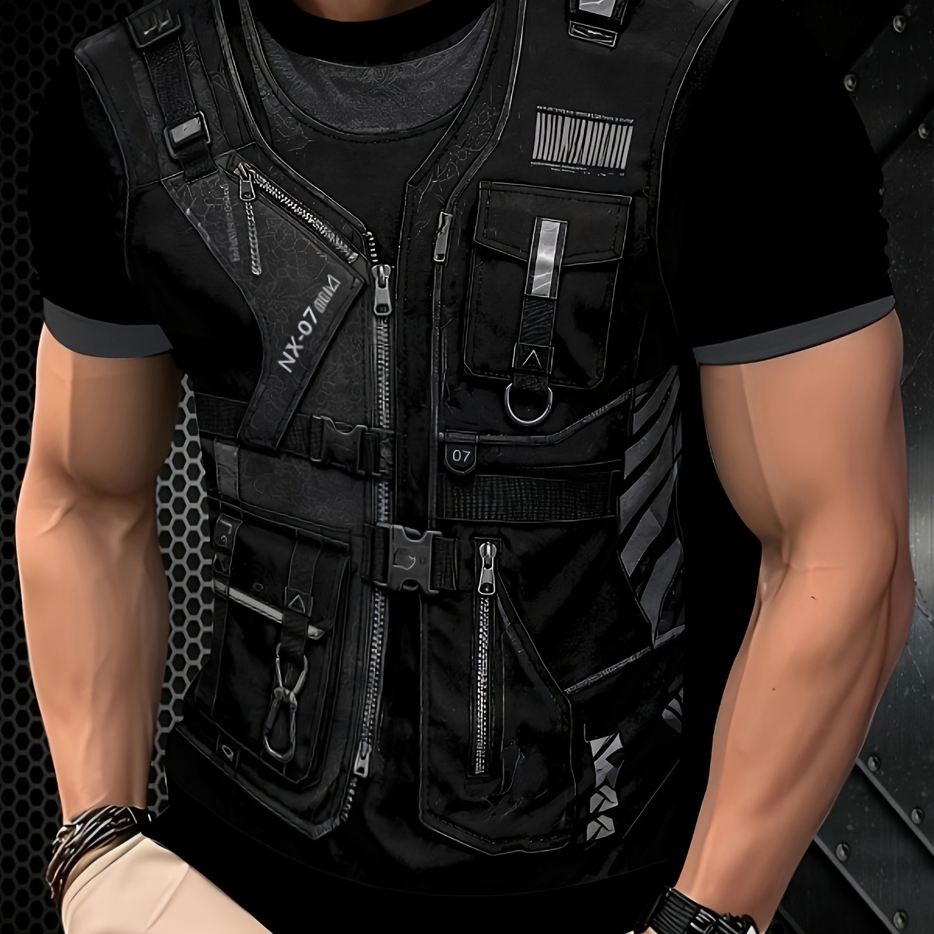 TEMU Men's Hardcore Tactical Functional -one Vest Short Sleeve Multi- Strap Workwear Street Style [printed Design- No Texture]