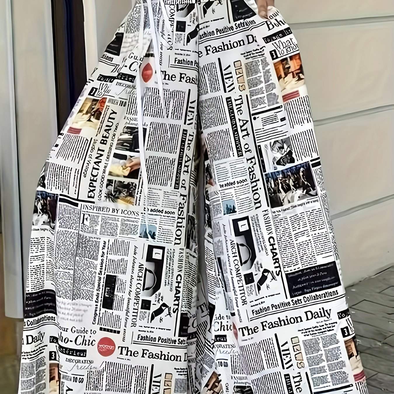 TEMU Newspaper Print Wide Leg Pockets Pants, Casual & High Waist Pants For , Women's Clothing