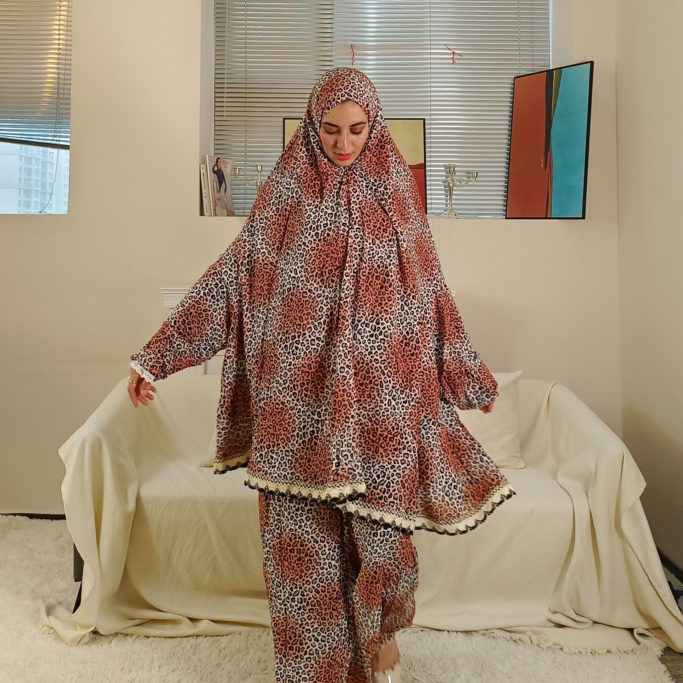 Image of Elegant Leopard Print Hooded Robe Set For Women - Traditional Middle Eastern Style, Long Sleeve & Maxi Skirt, Machine Washable