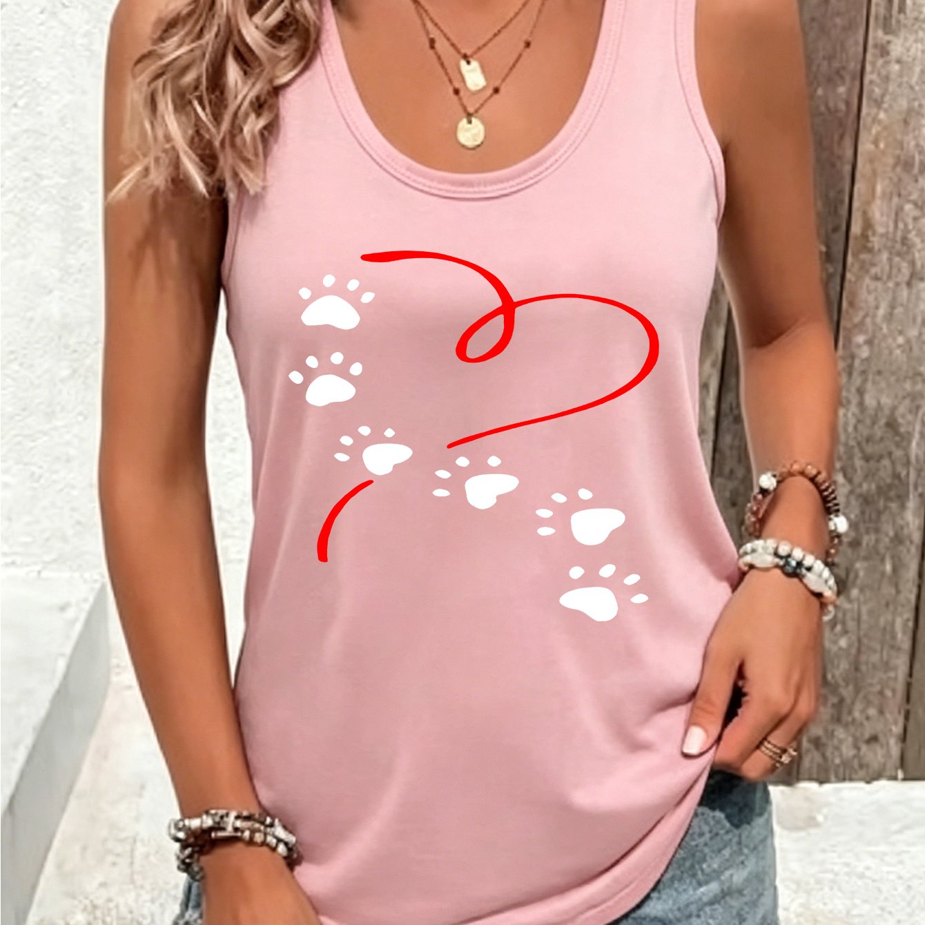 TEMU Summer New Style Women's Print Heart Pattern Sleeveless Top With Loose Round Neckline, Effect, Suitable For , Theme, Versatile And Practical
