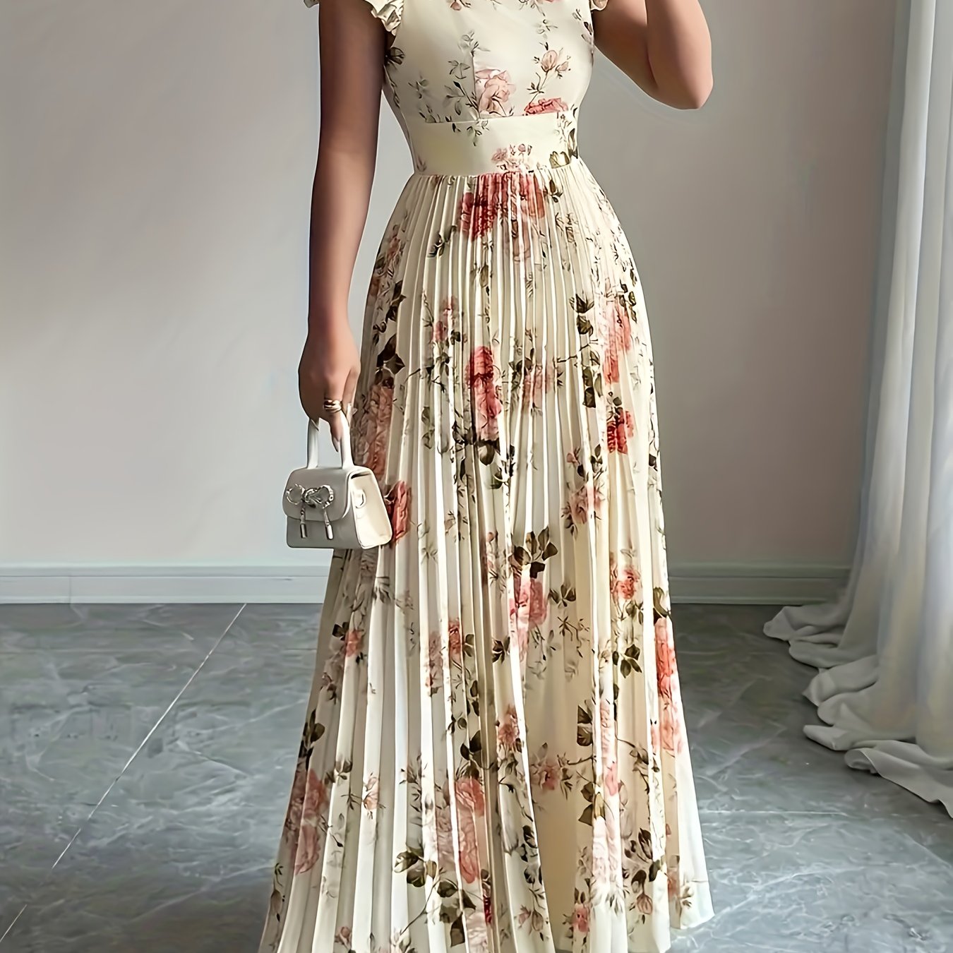 TEMU New Autumn-summer Women's Elegant Floral Print Pleated Hem Dress