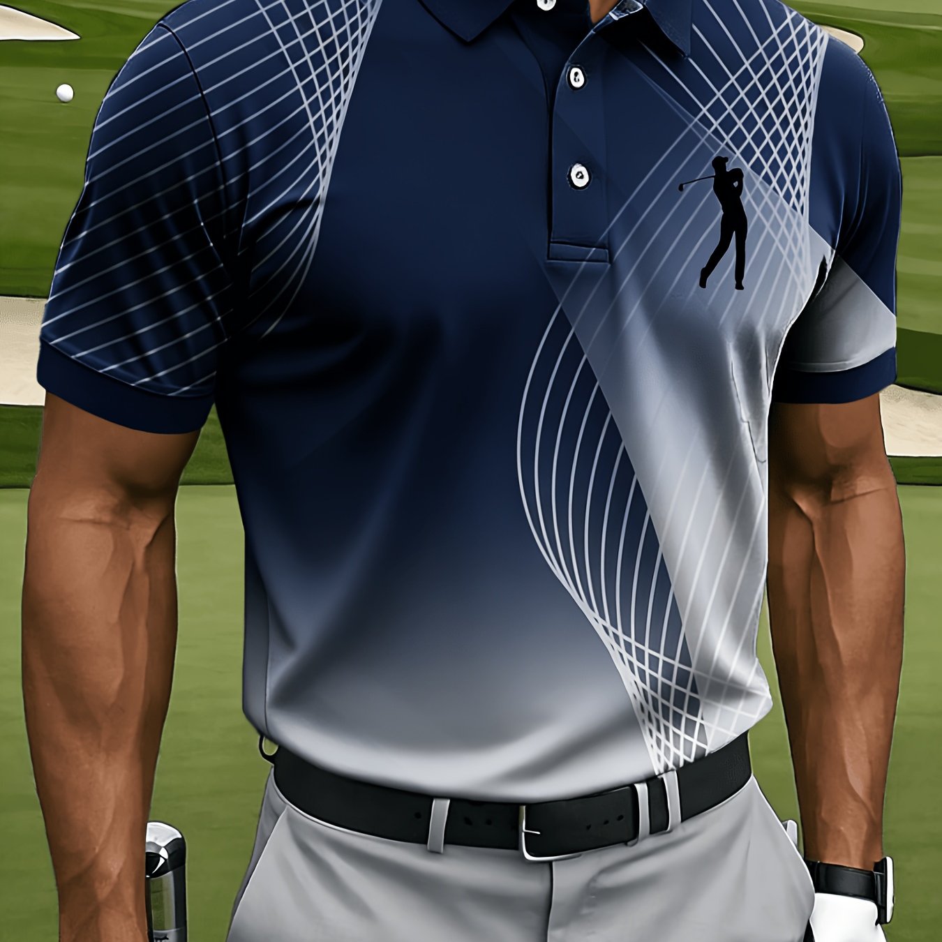 TEMU Printeddesign-nottextured 2dprintingmen's Casual Sports Short-sleeve Shirt, Featuring Mesh Lines And Golf Pattern Print, Suitable For Everyday