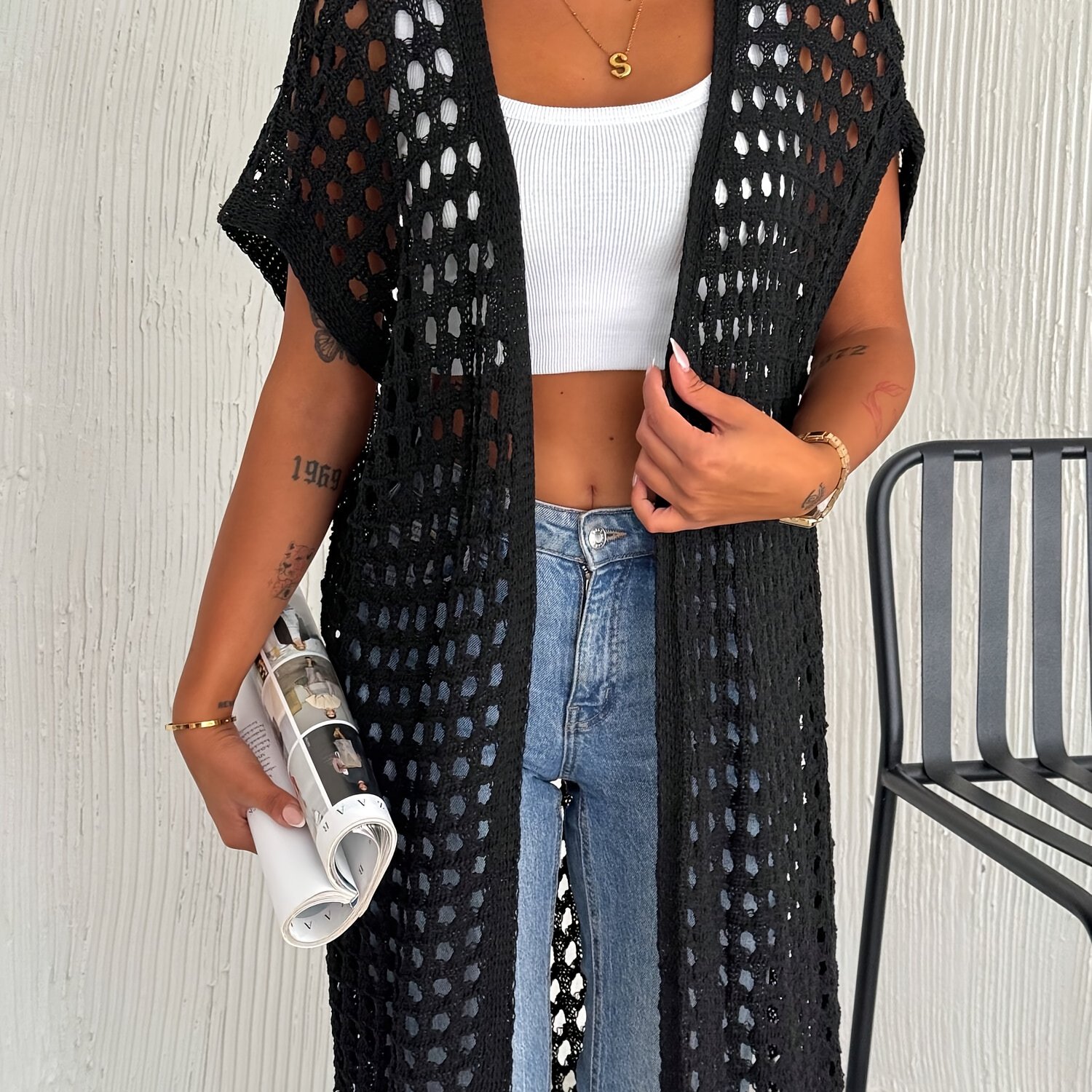 Image of Women's Blouse Solid Color Crochet Hollow Long Beach Dress Vest Sleeveless Open Cardigan Jacket (bikini Not Included)