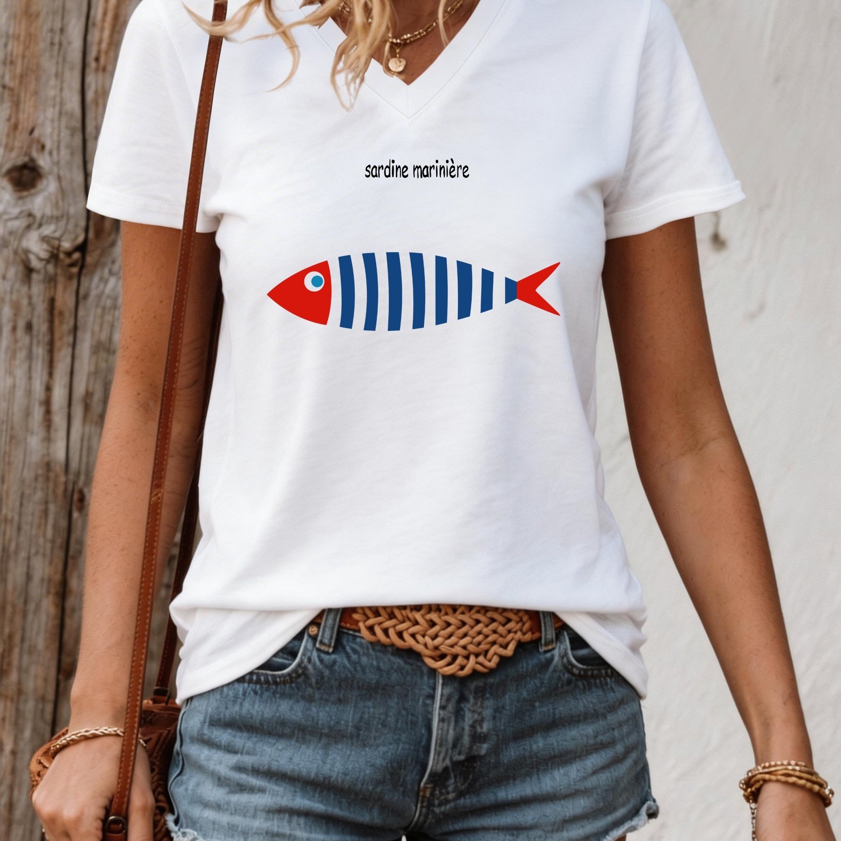 TEMU Camiseta de mujer con estampado de pescado para /verano y diseño ajustado con cuello en V