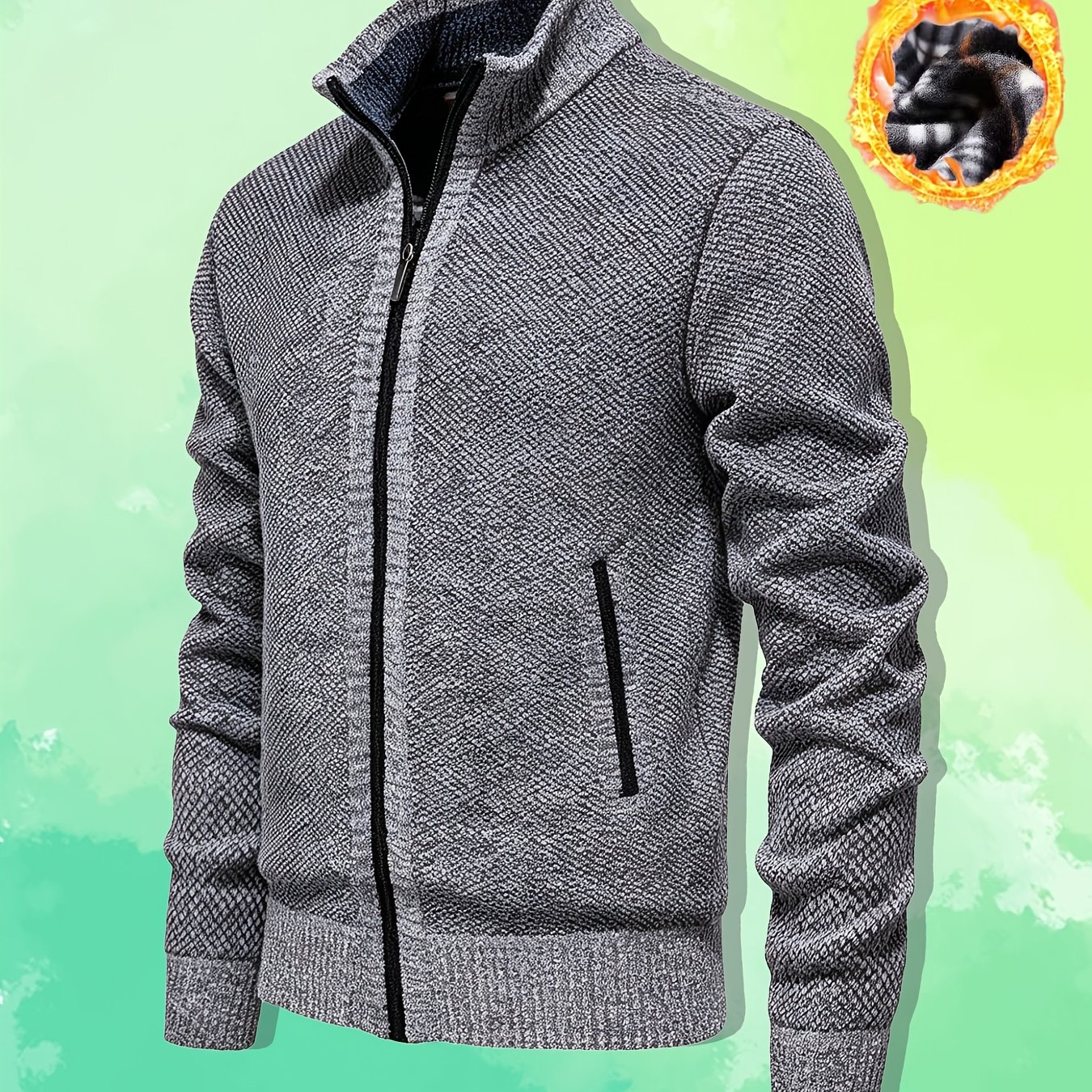 TEMU Single Piece Men's Long Sleeved Thick Casual Knitted Jacket, With A Textured Stand Up Collar And Fashionable Zipper, Soft And Elastic To Wear .
