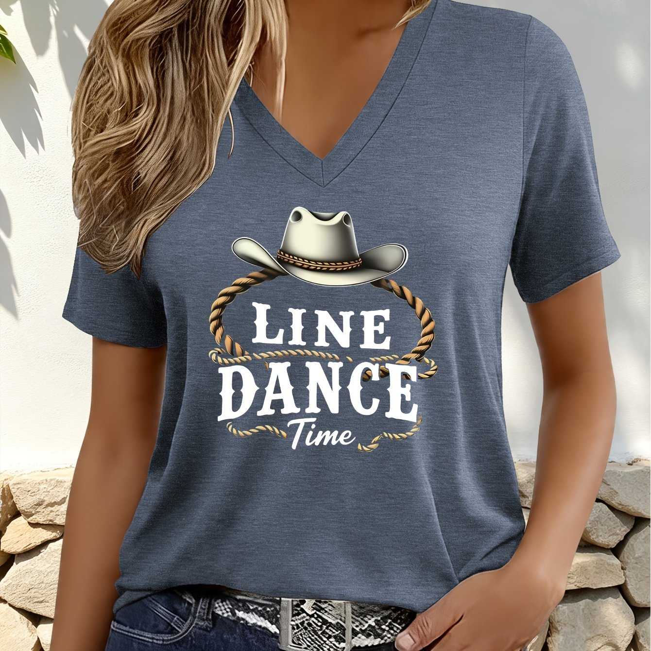 TEMU Women's V-neck Short-sleeve T-shirt With " Time" Print - Casual Summer Top, Medium Stretch V-neck Tee Suitable For Outdoor Wear, Dance Events &