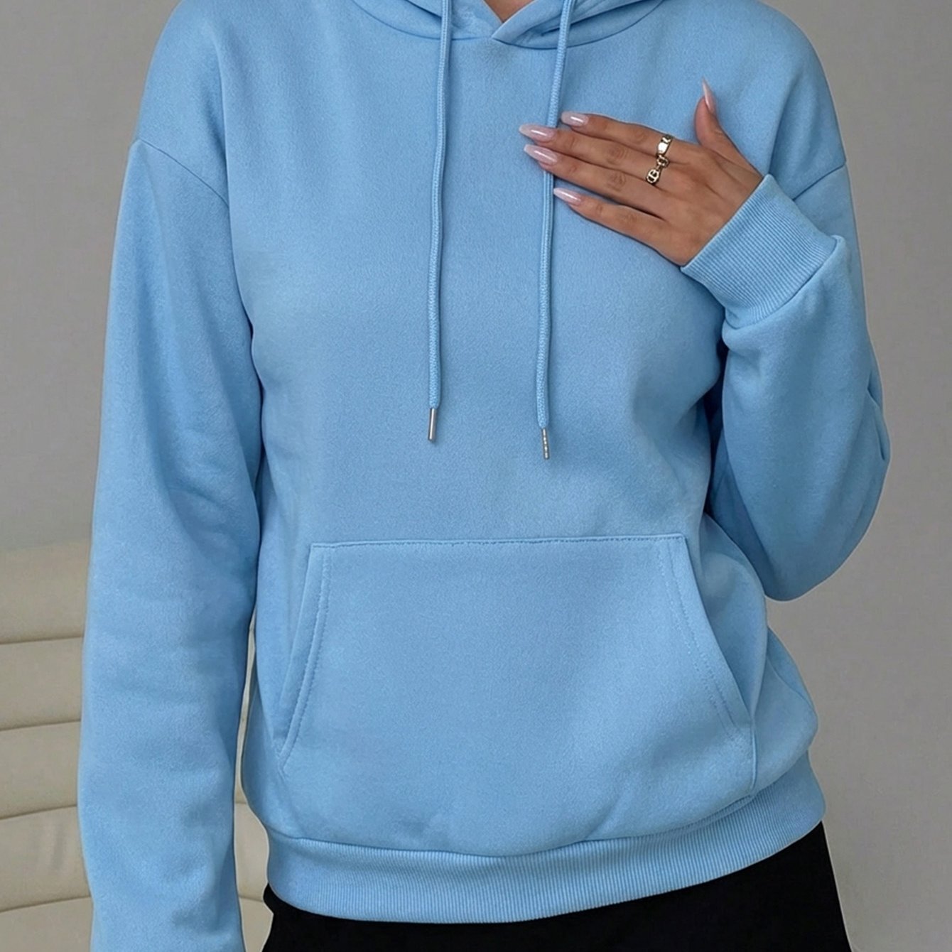 TEMU Solid Color Hoodie, Drawstring Casual Sweatshirt, Suitable For Spring, Autumn, And Winter, Women's Clothing